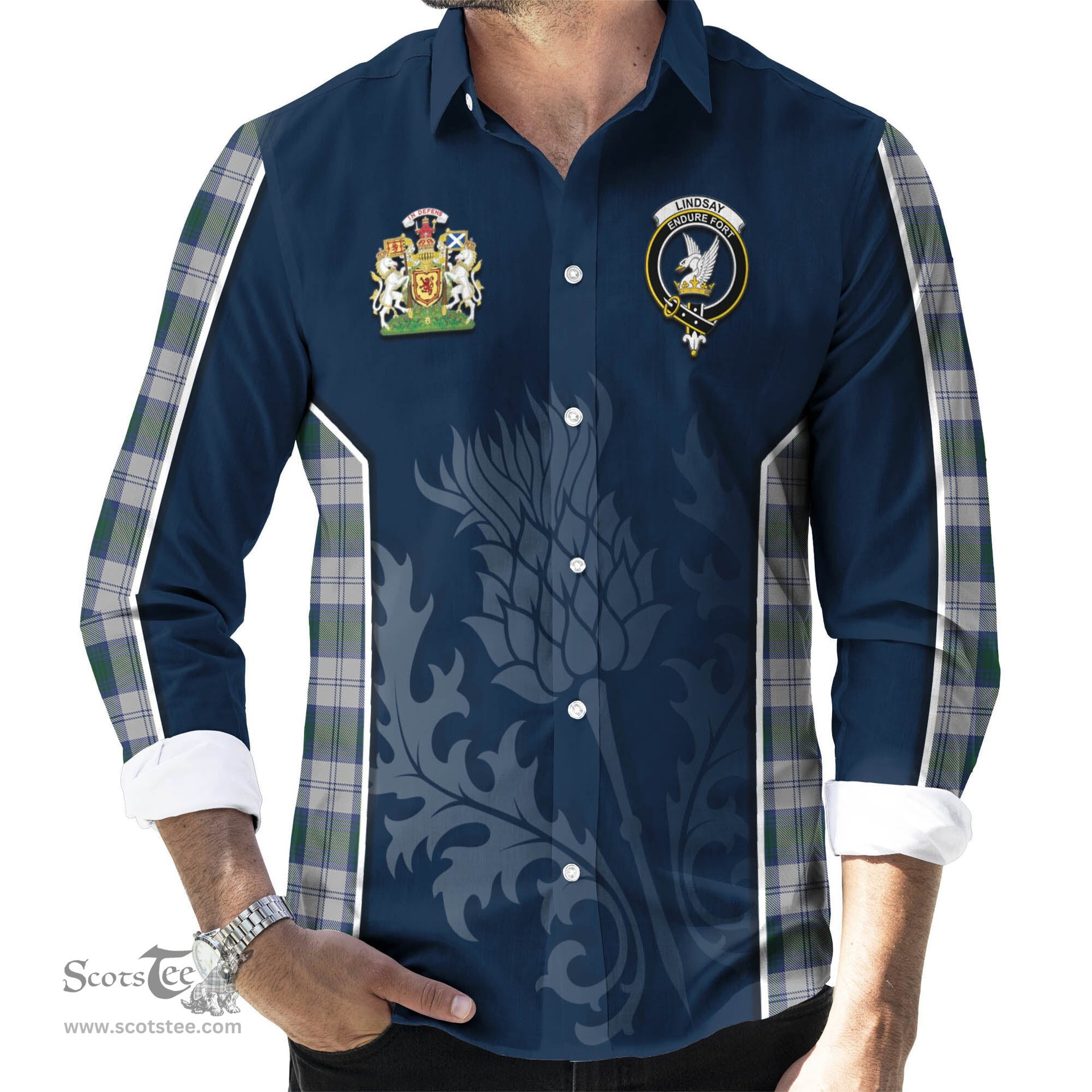ScotsTee Shop Scottish Lindsay Dress Clan Scottish Crest and Scottish Thistle Sport Tartan Long Sleeve Shirt
