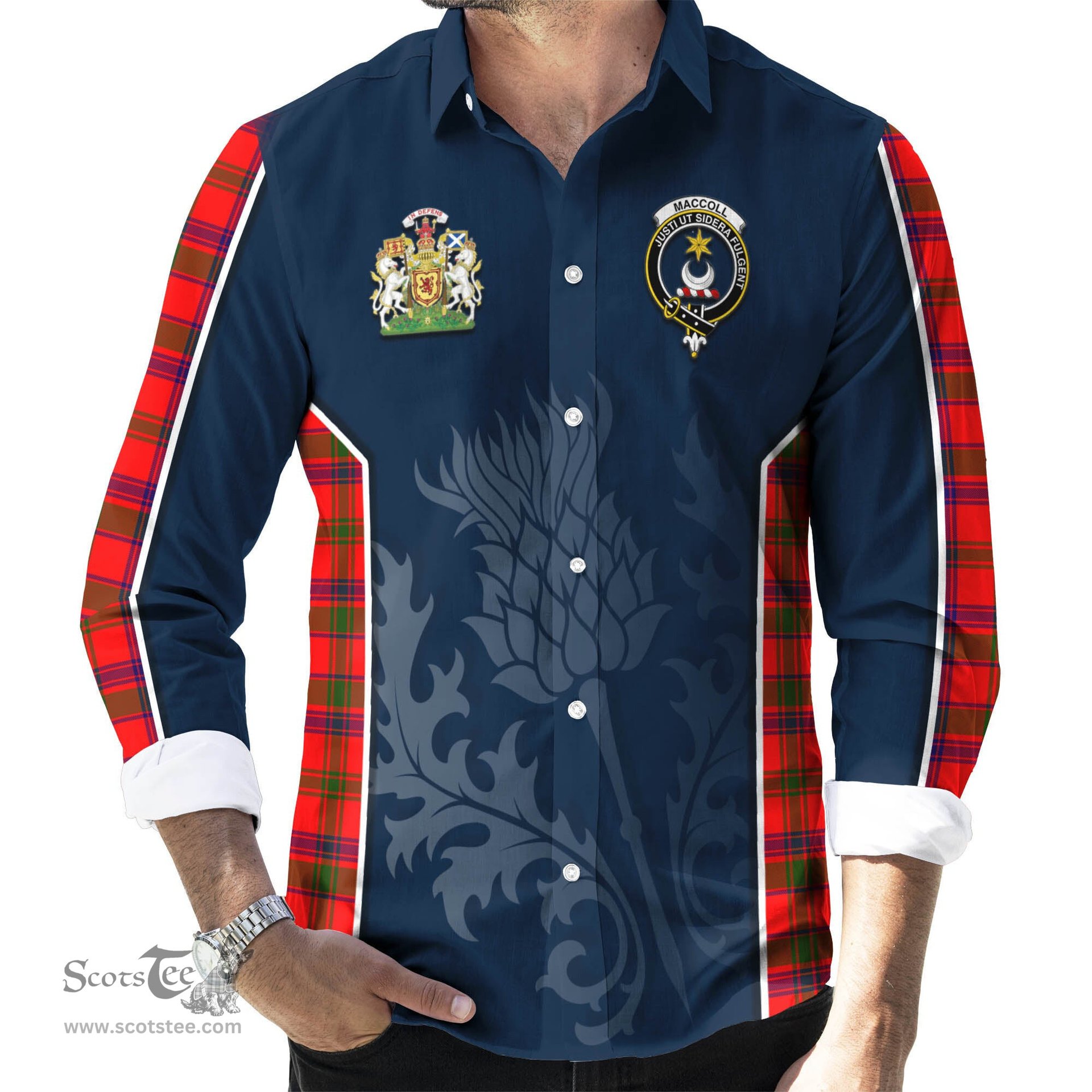 ScotsTee Shop Scottish MacColl Modern Clan Scottish Crest and Scottish Thistle Sport Tartan Long Sleeve Shirt