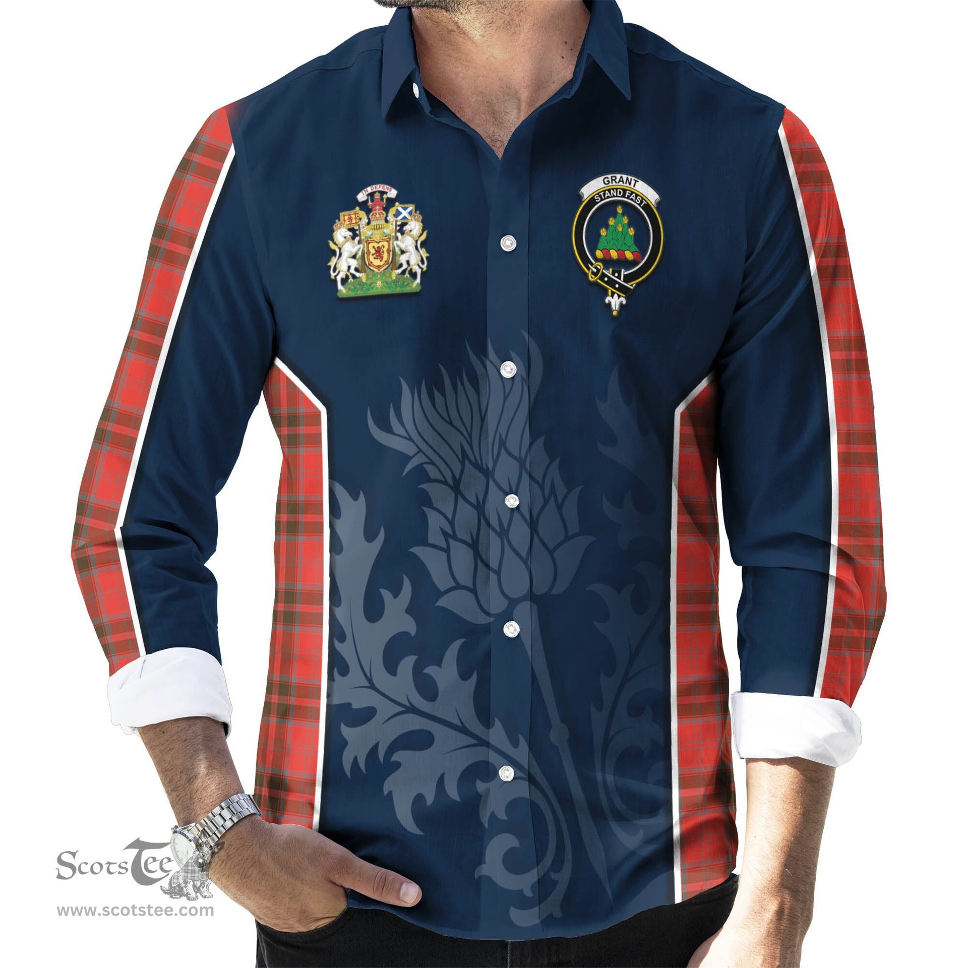 ScotsTee Shop Scottish Grant Weathered Clan Scottish Crest and Scottish Thistle Sport Tartan Long Sleeve Shirt