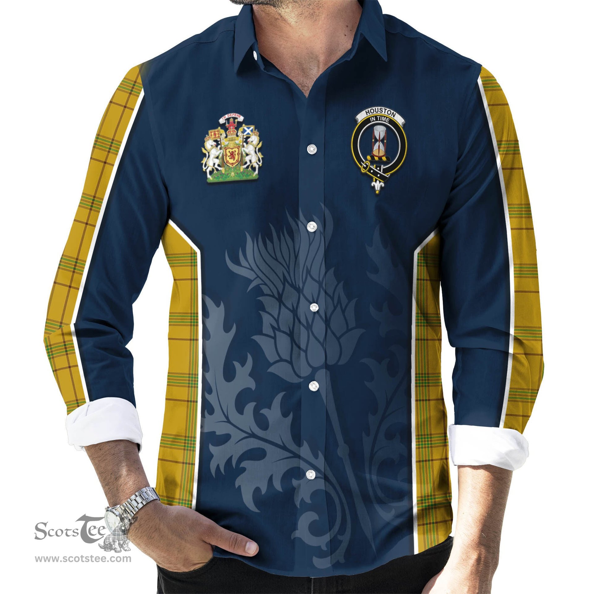 ScotsTee Shop Scottish Houston Clan Scottish Crest and Scottish Thistle Sport Tartan Long Sleeve Shirt