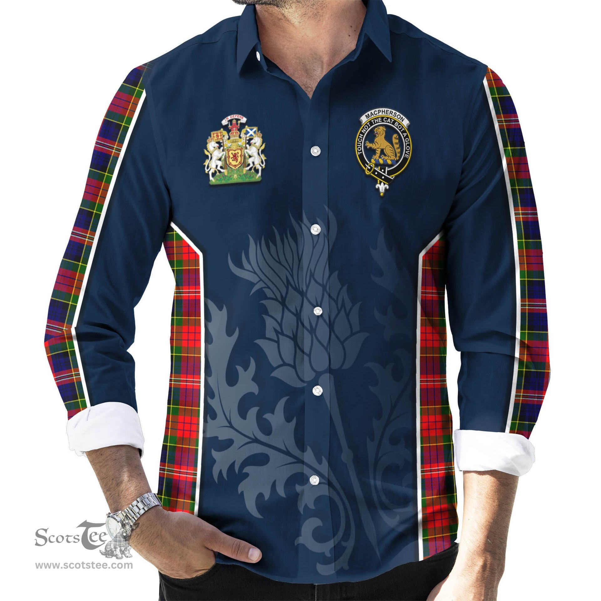 ScotsTee Shop Scottish MacPherson Modern Clan Scottish Crest and Scottish Thistle Sport Tartan Long Sleeve Shirt