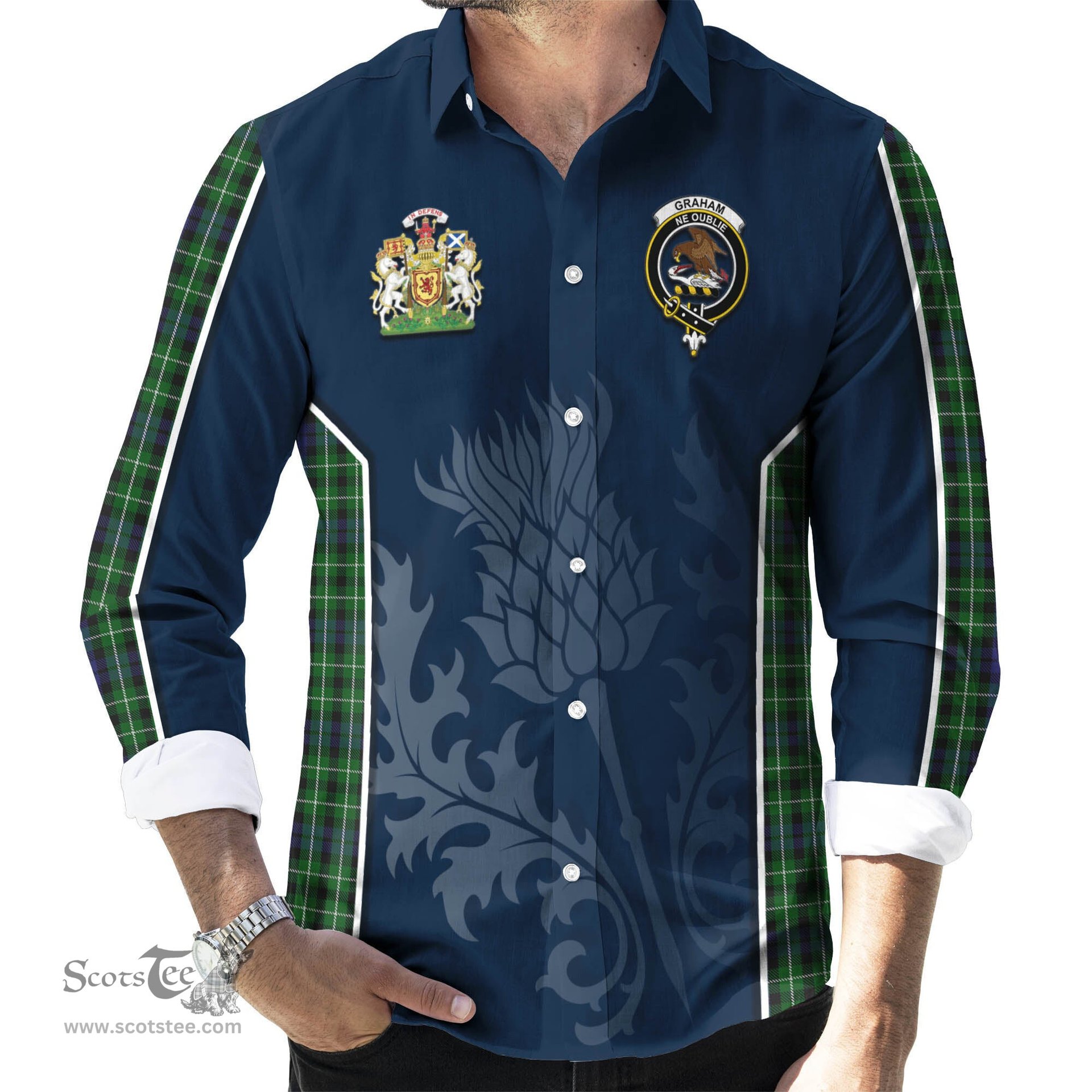 ScotsTee Shop Scottish Graham of Montrose Clan Scottish Crest and Scottish Thistle Sport Tartan Long Sleeve Shirt