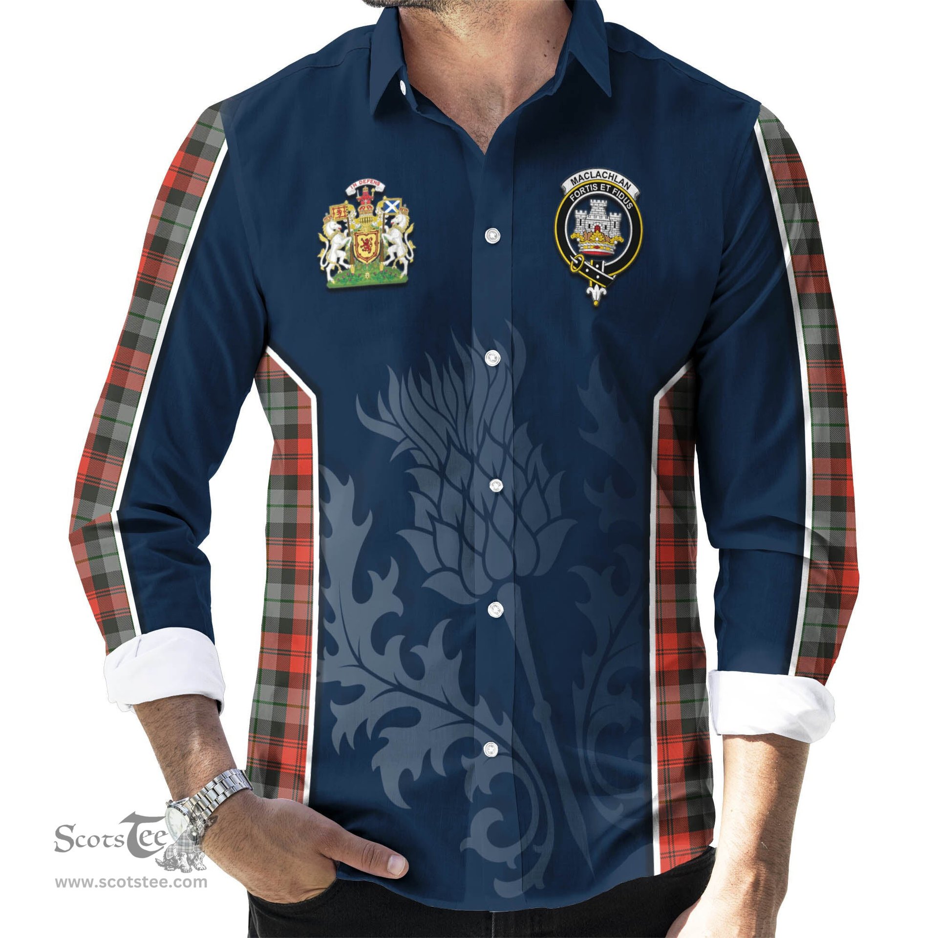 ScotsTee Shop Scottish MacLachlan Weathered Clan Scottish Crest and Scottish Thistle Sport Tartan Long Sleeve Shirt