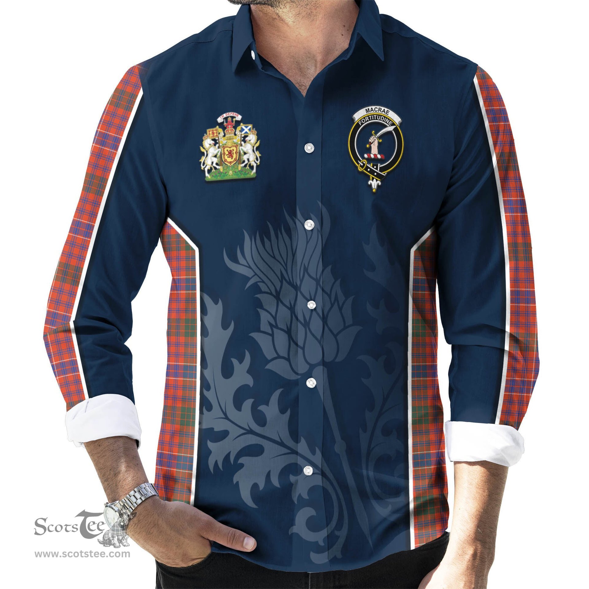 ScotsTee Shop Scottish MacRae Ancient Clan Scottish Crest and Scottish Thistle Sport Tartan Long Sleeve Shirt