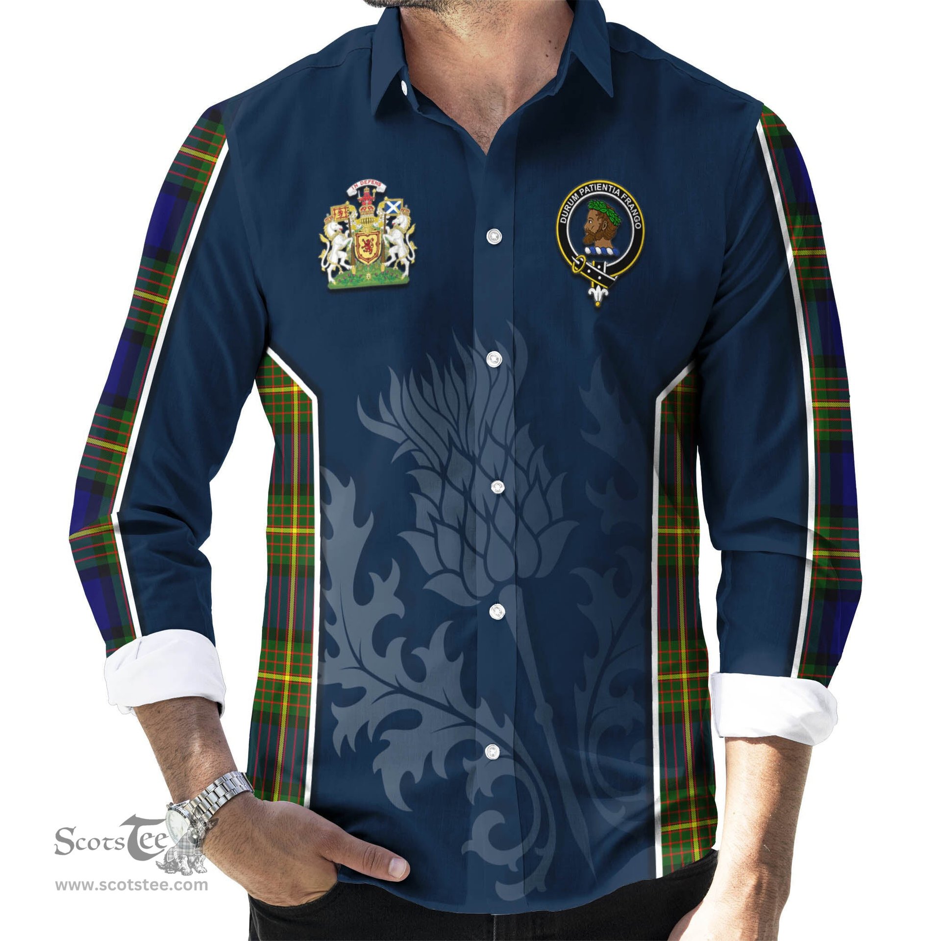ScotsTee Shop Scottish Moore Clan Scottish Crest and Scottish Thistle Sport Tartan Long Sleeve Shirt