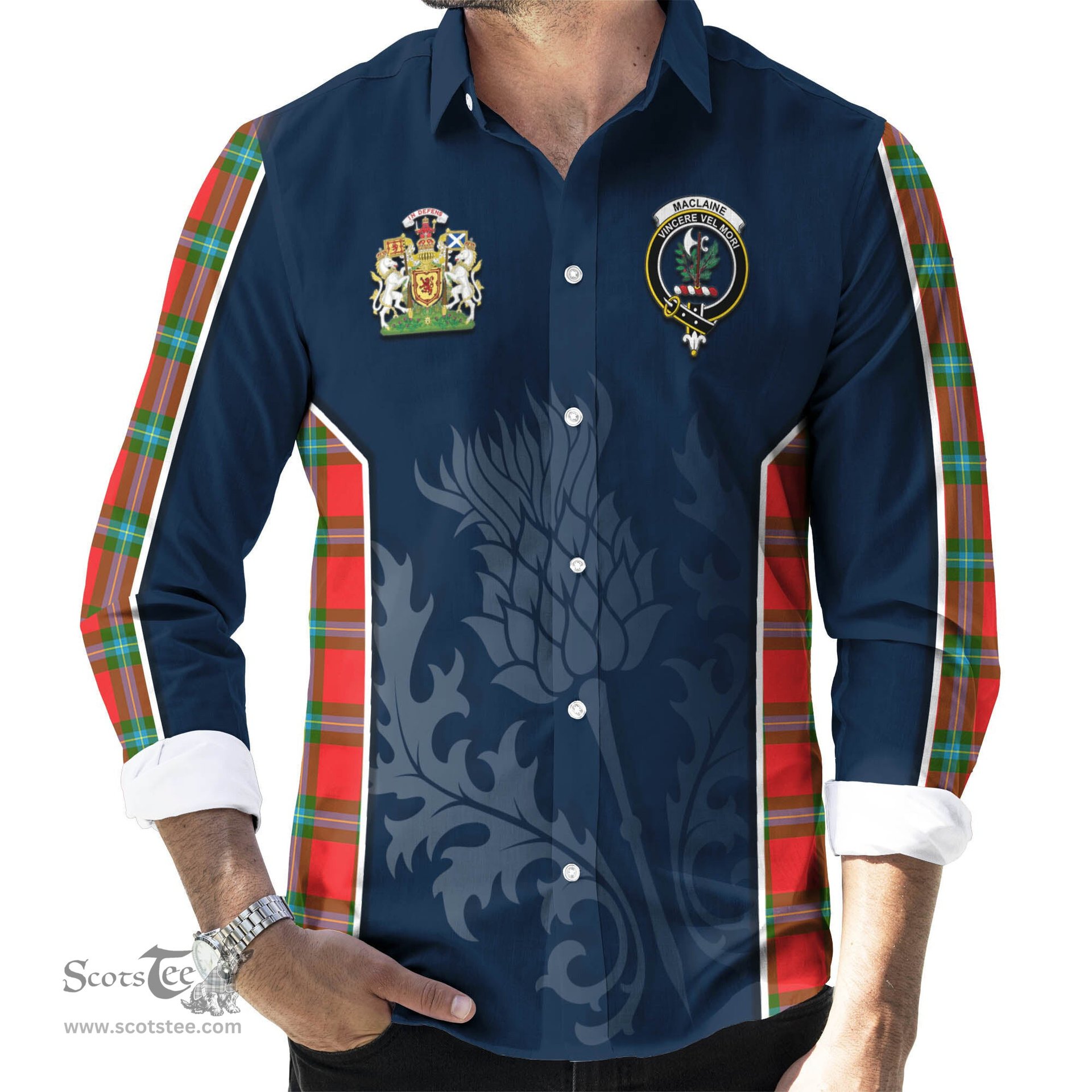 ScotsTee Shop Scottish MacLaine of Loch Buie Clan Scottish Crest and Scottish Thistle Sport Tartan Long Sleeve Shirt