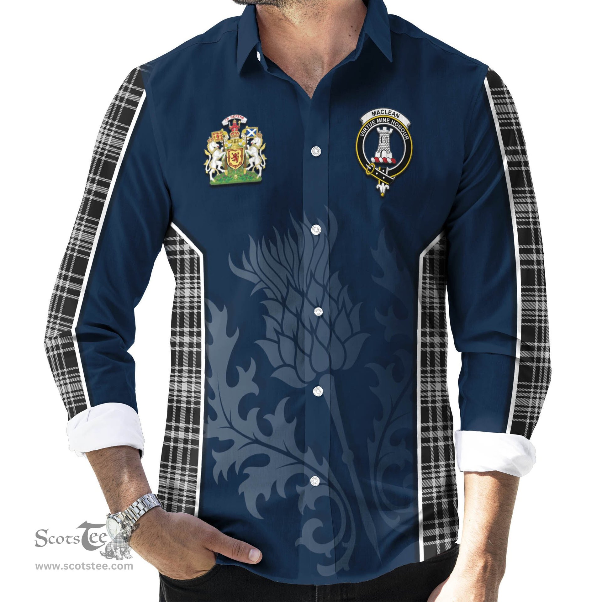 ScotsTee Shop Scottish MacLean Black and White Clan Scottish Crest and Scottish Thistle Sport Tartan Long Sleeve Shirt