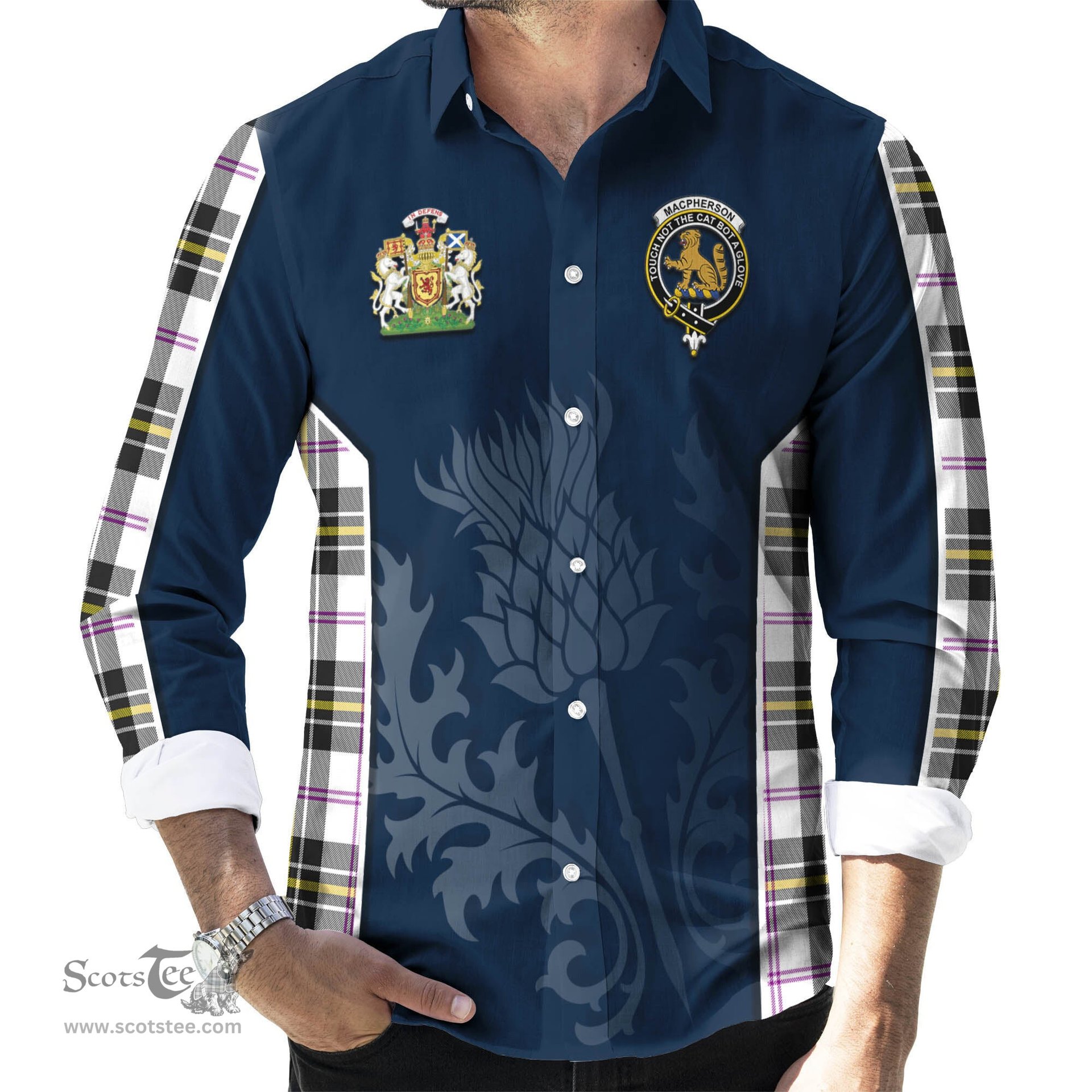 ScotsTee Shop Scottish MacPherson Dress Modern Clan Scottish Crest and Scottish Thistle Sport Tartan Long Sleeve Shirt