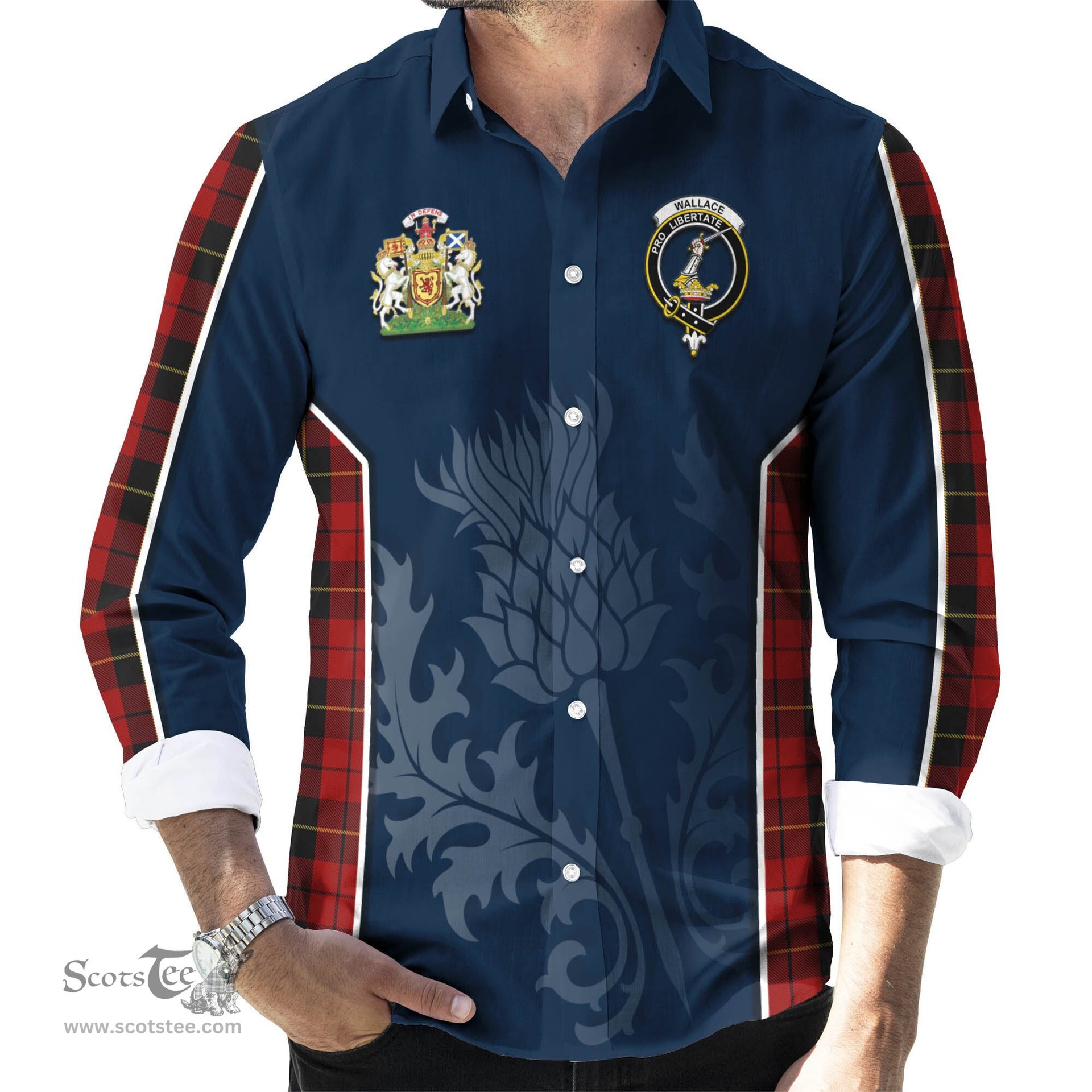 ScotsTee Shop Scottish Wallace Clan Scottish Crest and Scottish Thistle Sport Tartan Long Sleeve Shirt