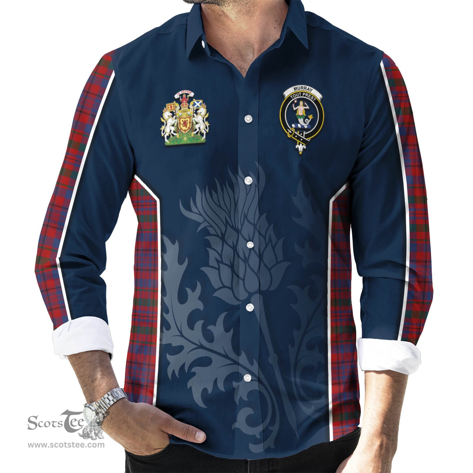 ScotsTee Shop Scottish Murray of Tullibardine Clan Scottish Crest and Scottish Thistle Sport Tartan Long Sleeve Shirt
