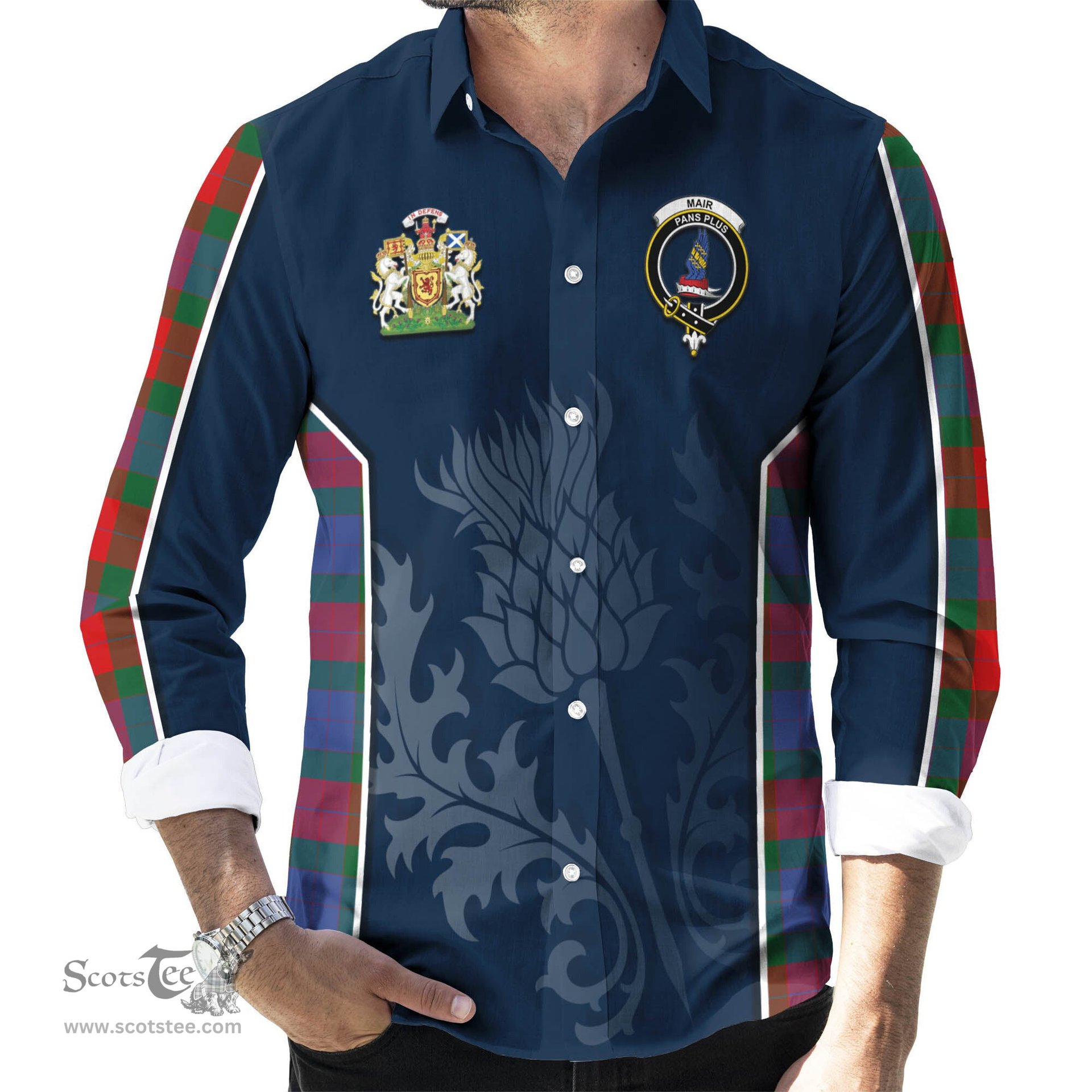 ScotsTee Shop Scottish Mar Clan Scottish Crest and Scottish Thistle Sport Tartan Long Sleeve Shirt