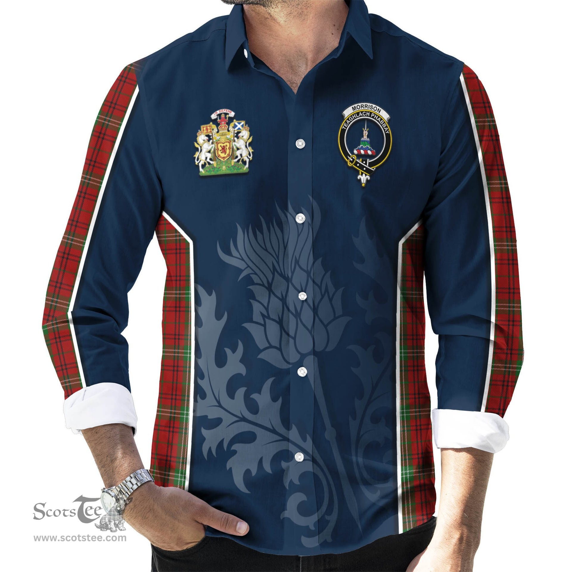 ScotsTee Shop Scottish Morrison Clan Scottish Crest and Scottish Thistle Sport Tartan Long Sleeve Shirt