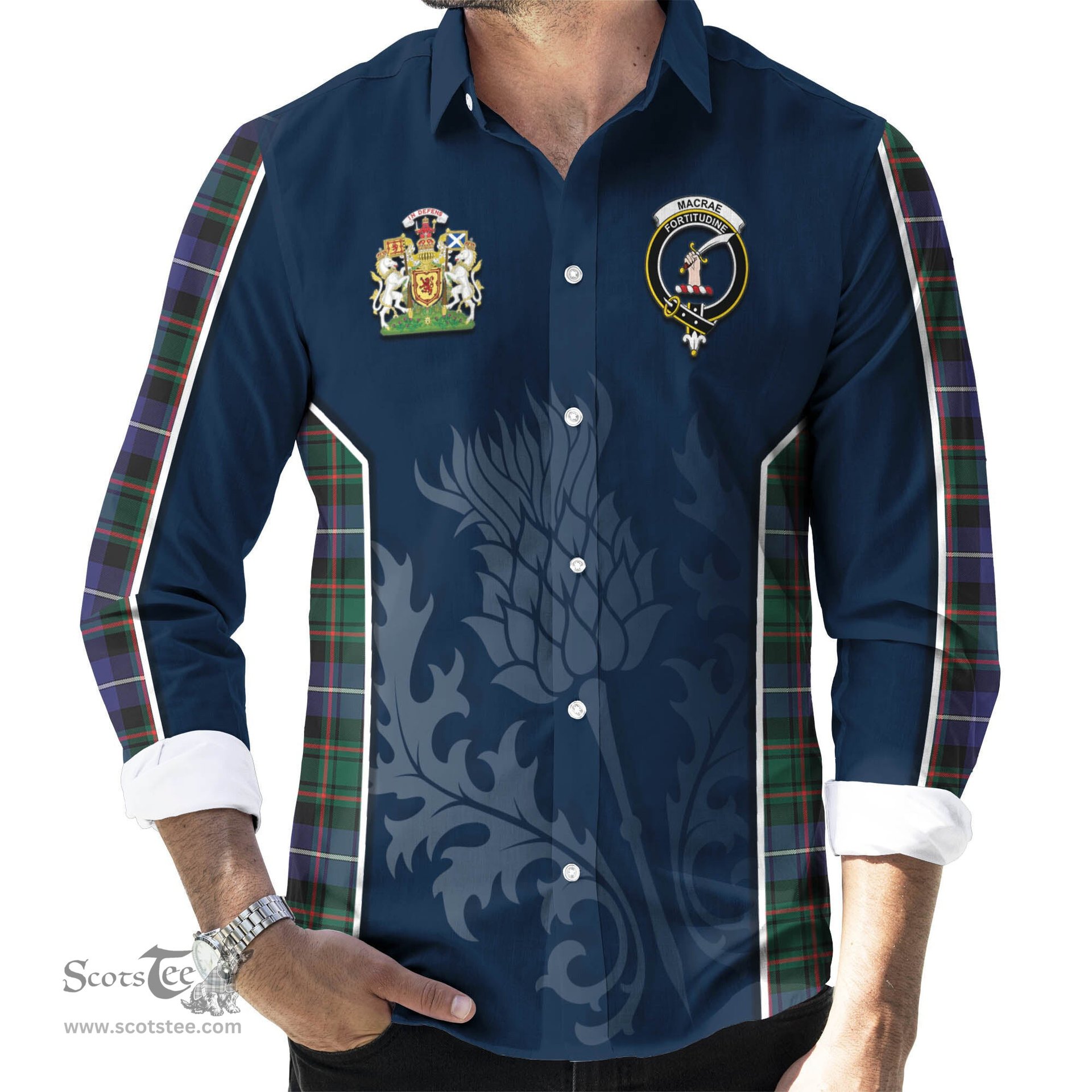ScotsTee Shop Scottish MacRae Hunting Modern Clan Scottish Crest and Scottish Thistle Sport Tartan Long Sleeve Shirt