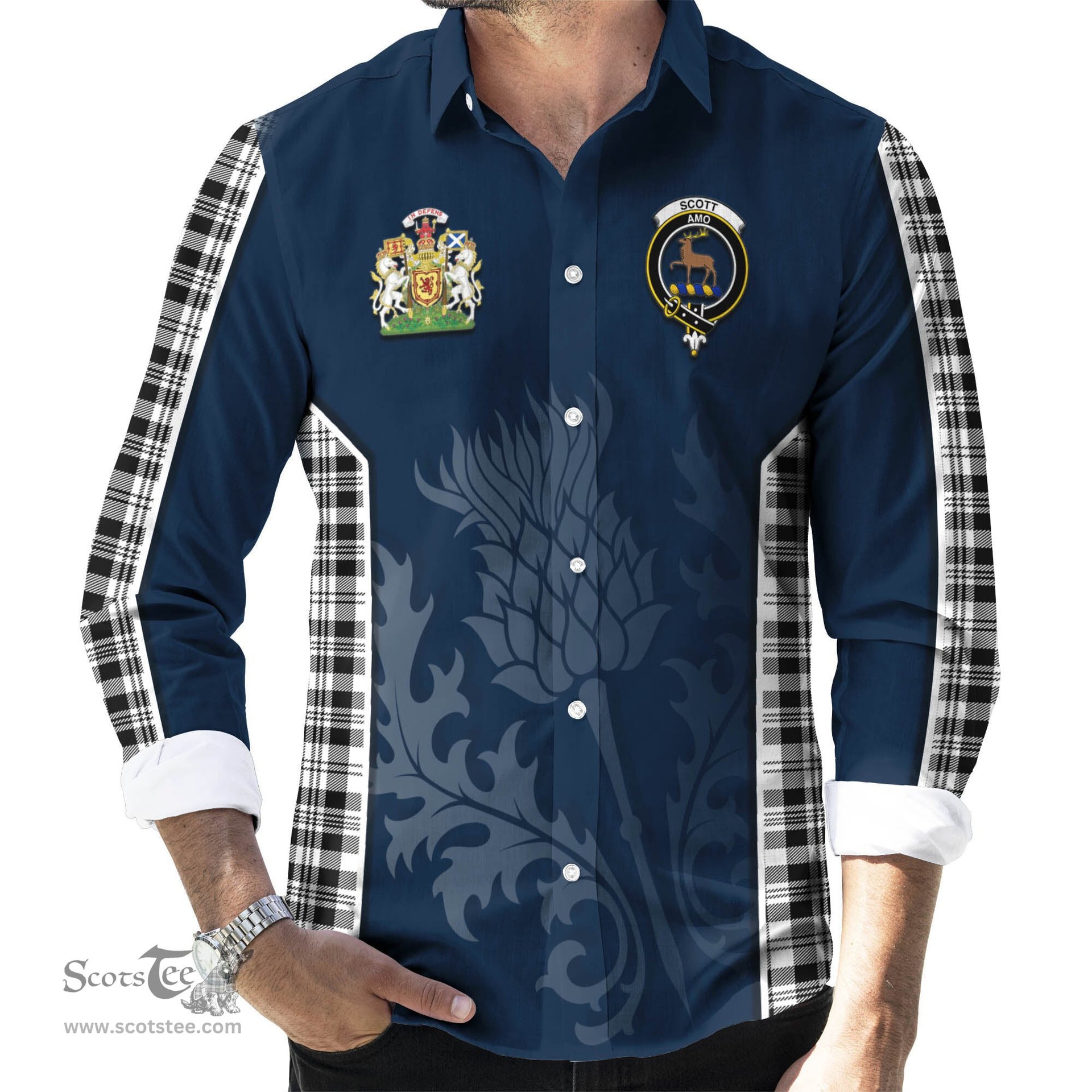 ScotsTee Shop Scottish Scott Black White Clan Scottish Crest and Scottish Thistle Sport Tartan Long Sleeve Shirt