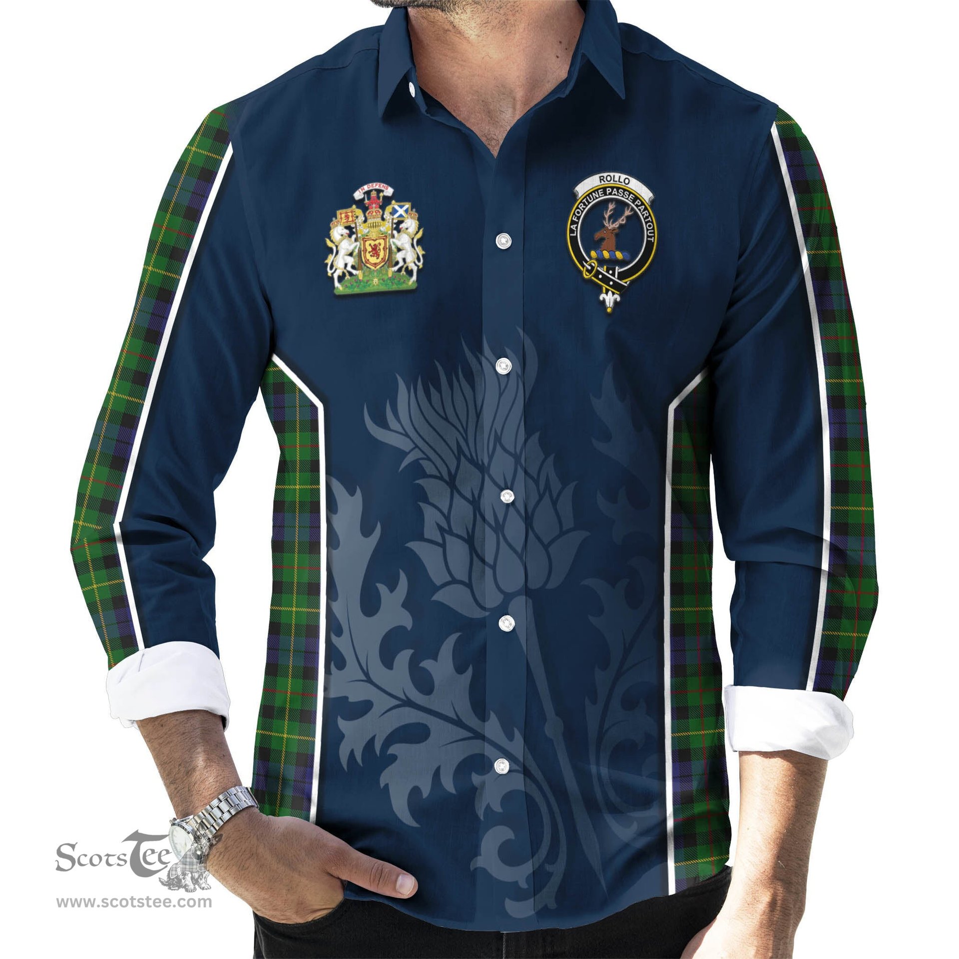ScotsTee Shop Scottish Rollo Clan Scottish Crest and Scottish Thistle Sport Tartan Long Sleeve Shirt