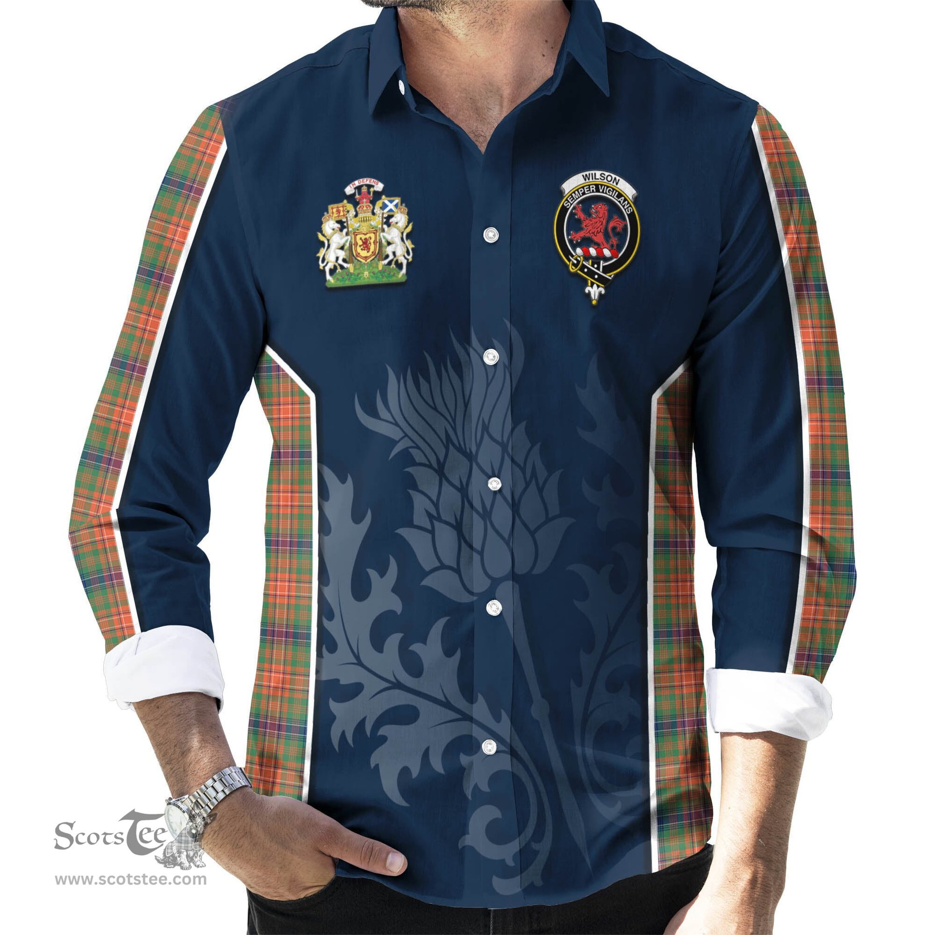 ScotsTee Shop Scottish Wilson Ancient Clan Scottish Crest and Scottish Thistle Sport Tartan Long Sleeve Shirt