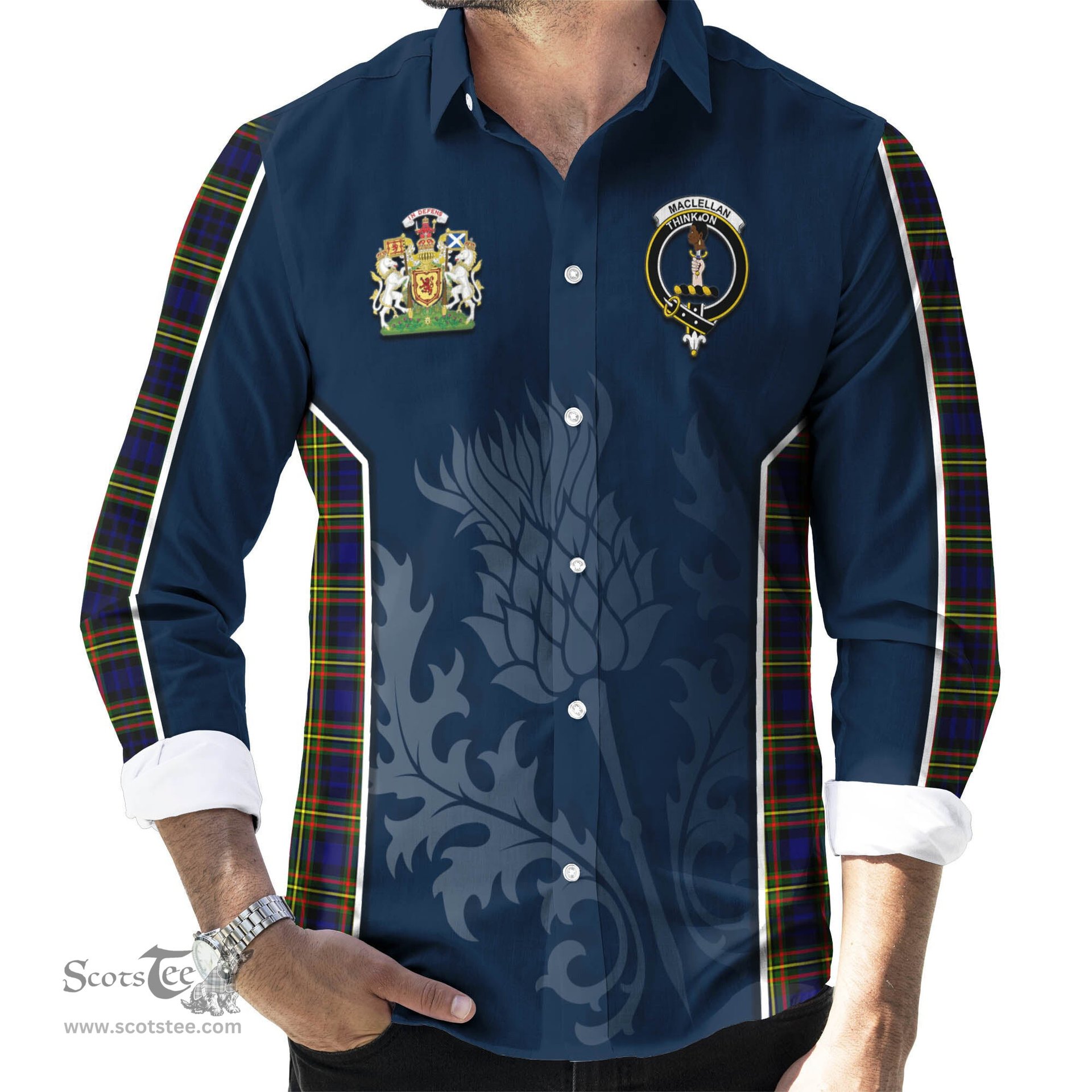 ScotsTee Shop Scottish MacLellan Modern Clan Scottish Crest and Scottish Thistle Sport Tartan Long Sleeve Shirt