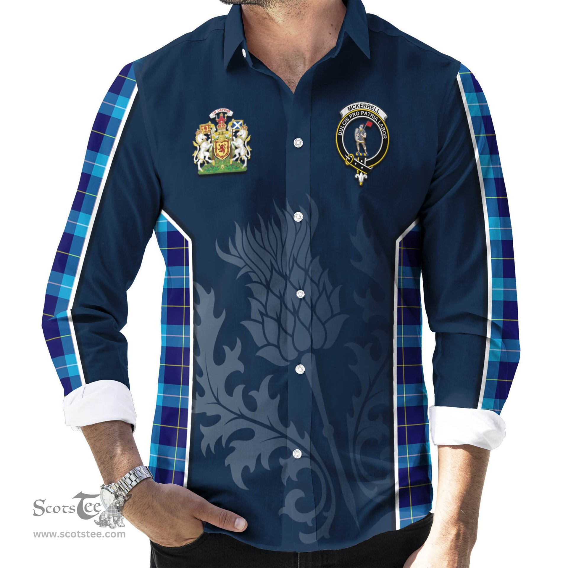ScotsTee Shop Scottish McKerrell Clan Scottish Crest and Scottish Thistle Sport Tartan Long Sleeve Shirt