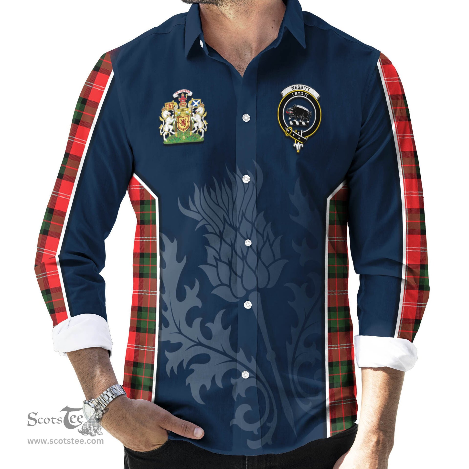 ScotsTee Shop Scottish Nesbitt Modern Clan Scottish Crest and Scottish Thistle Sport Tartan Long Sleeve Shirt