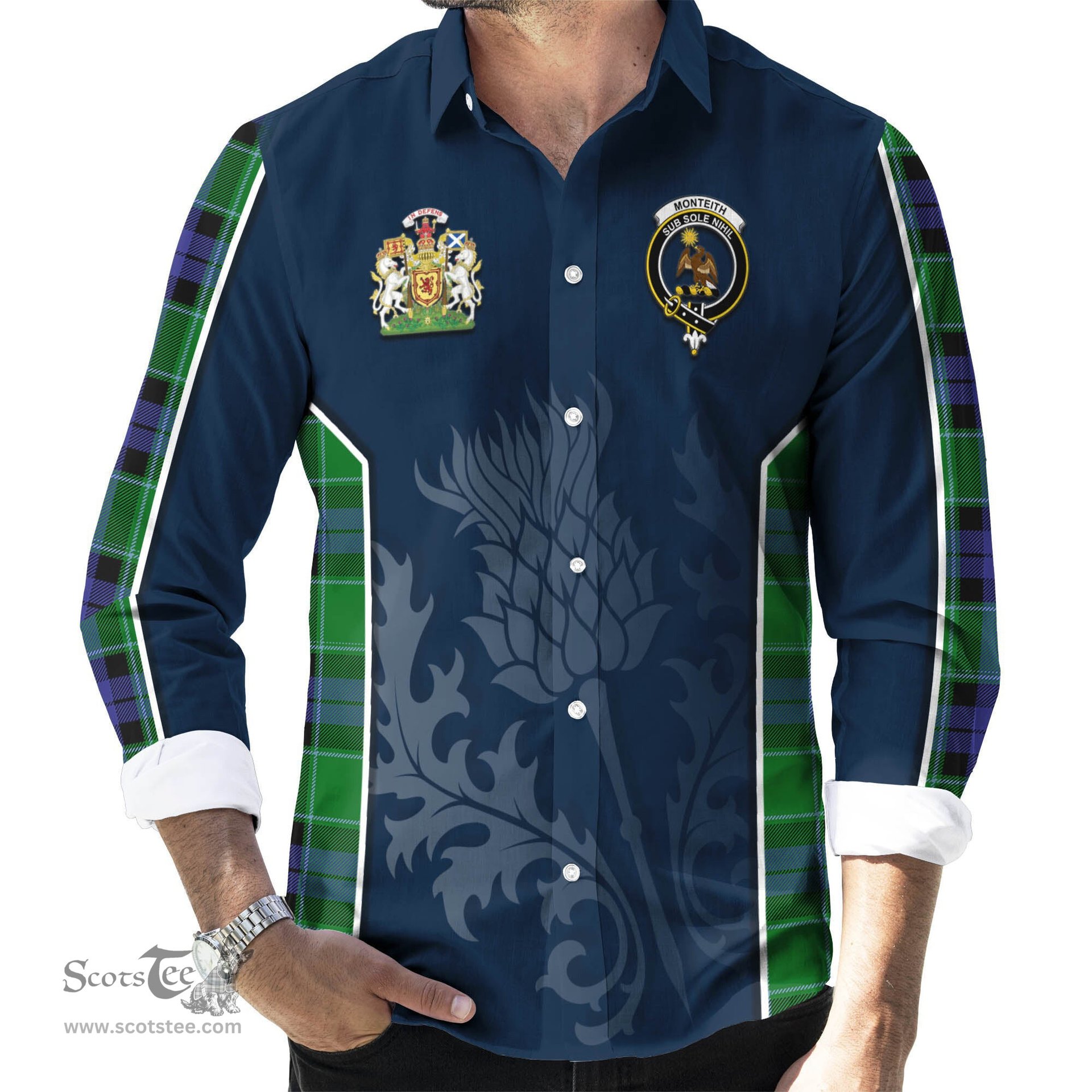 ScotsTee Shop Scottish Monteith Clan Scottish Crest and Scottish Thistle Sport Tartan Long Sleeve Shirt