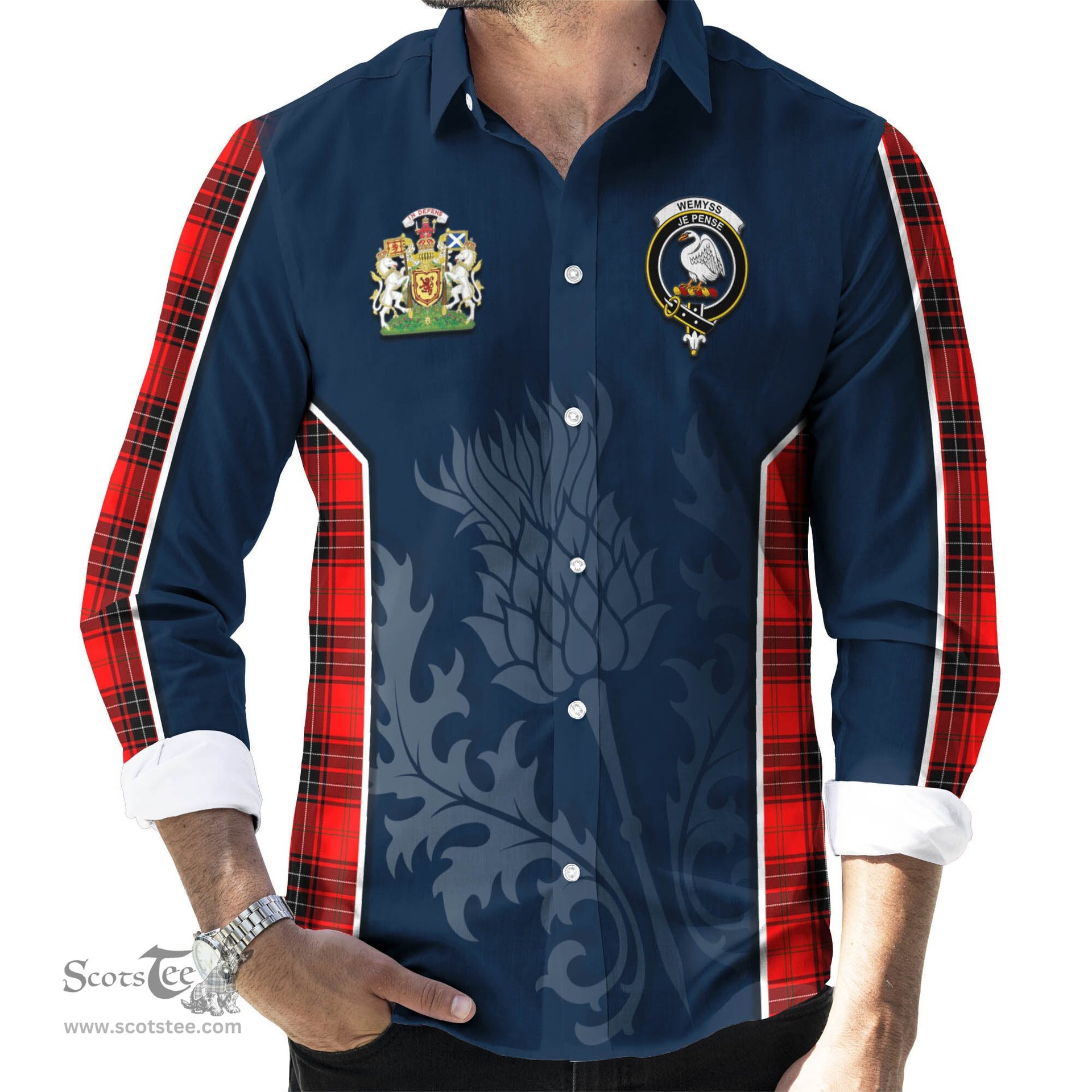 ScotsTee Shop Scottish Wemyss Modern Clan Scottish Crest and Scottish Thistle Sport Tartan Long Sleeve Shirt