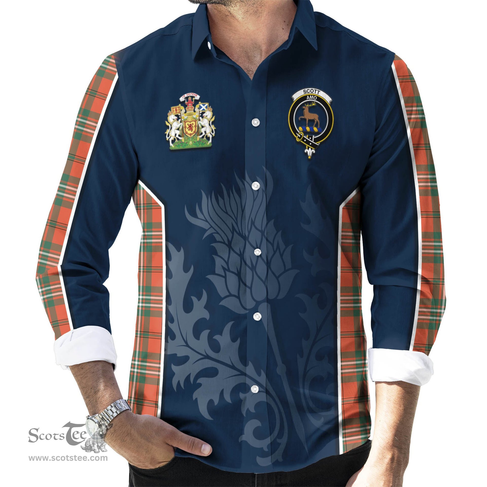 ScotsTee Shop Scottish Scott Ancient Clan Scottish Crest and Scottish Thistle Sport Tartan Long Sleeve Shirt