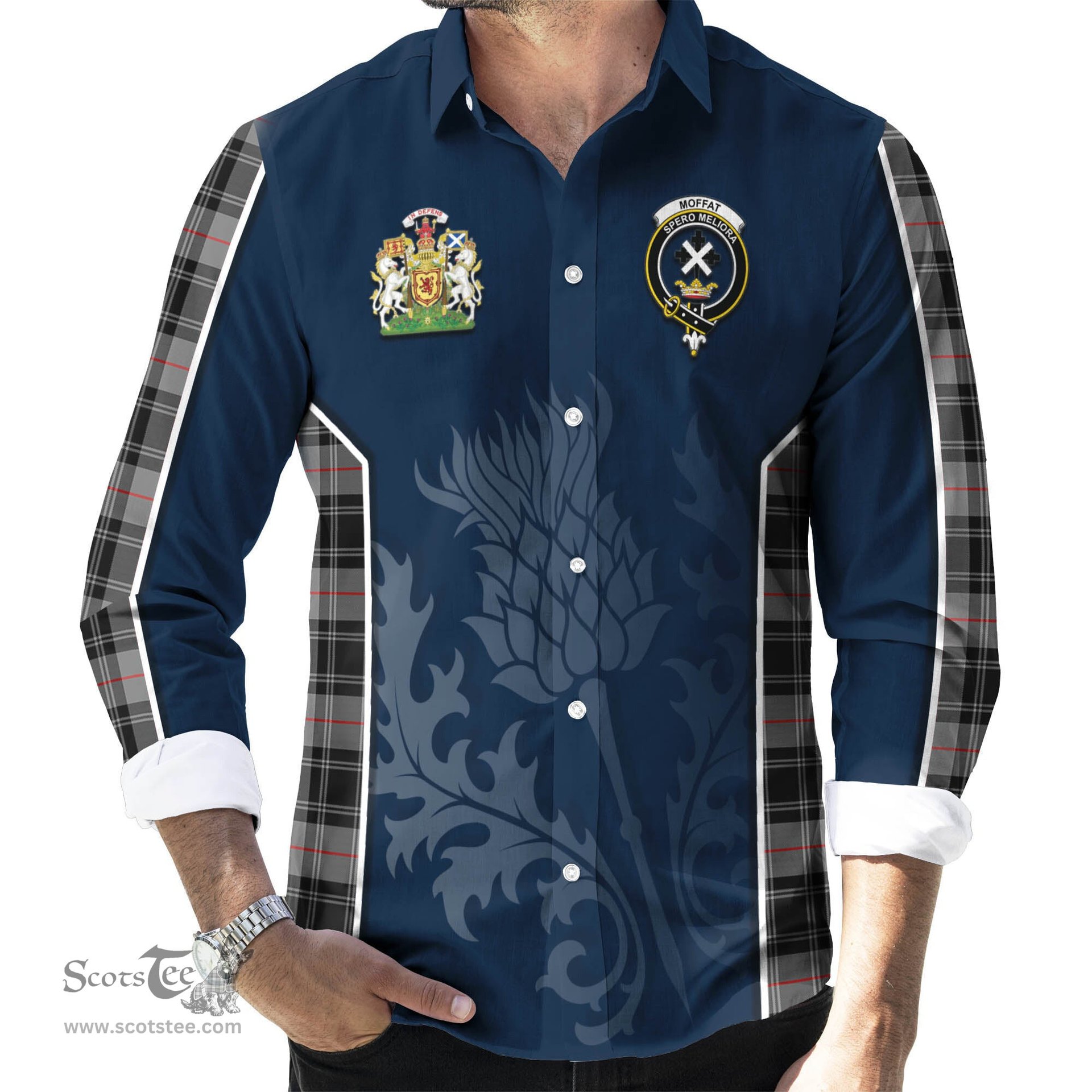 ScotsTee Shop Scottish Moffat Modern Clan Scottish Crest and Scottish Thistle Sport Tartan Long Sleeve Shirt