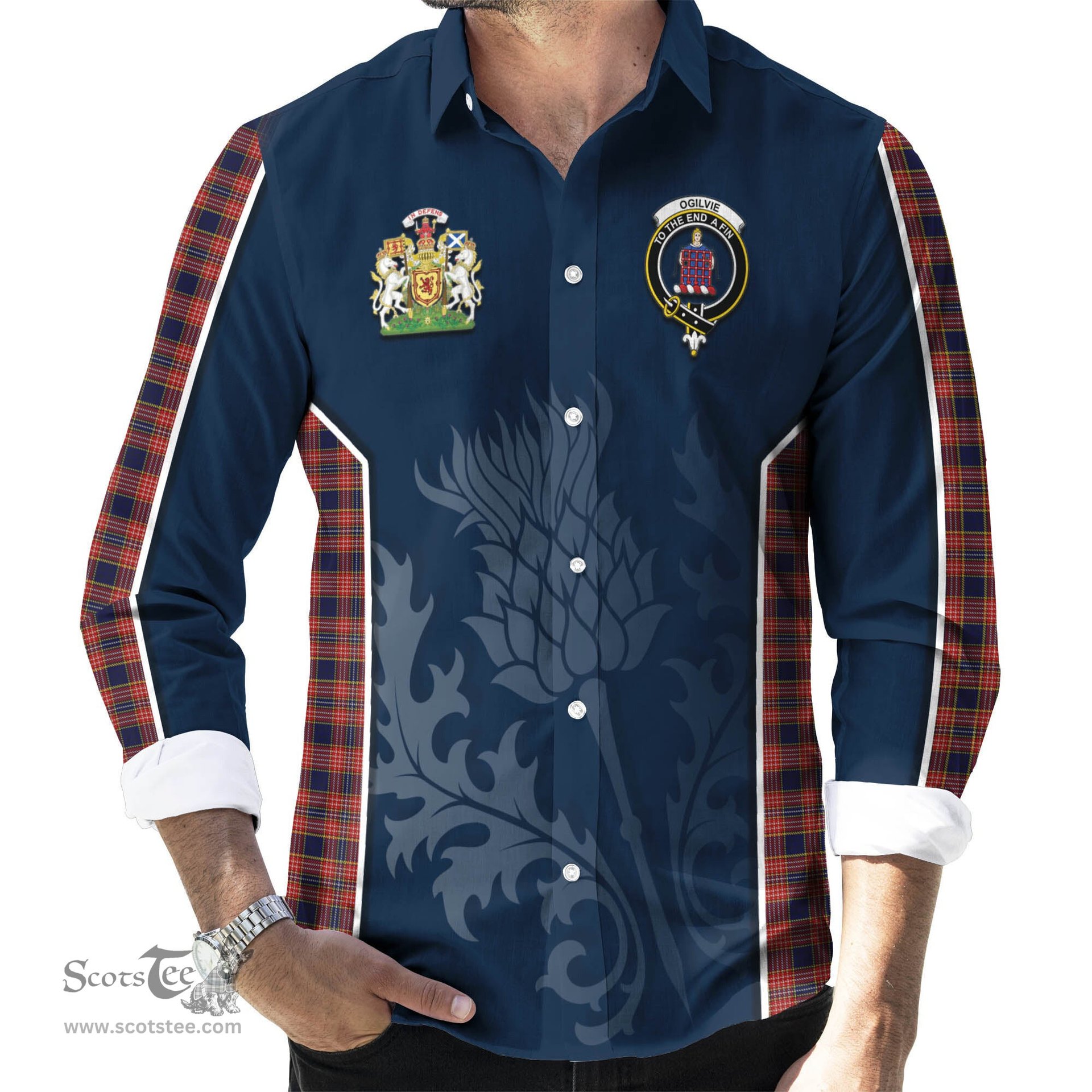 ScotsTee Shop Scottish Ogilvie (Ogilvy) Clan Scottish Crest and Scottish Thistle Sport Tartan Long Sleeve Shirt