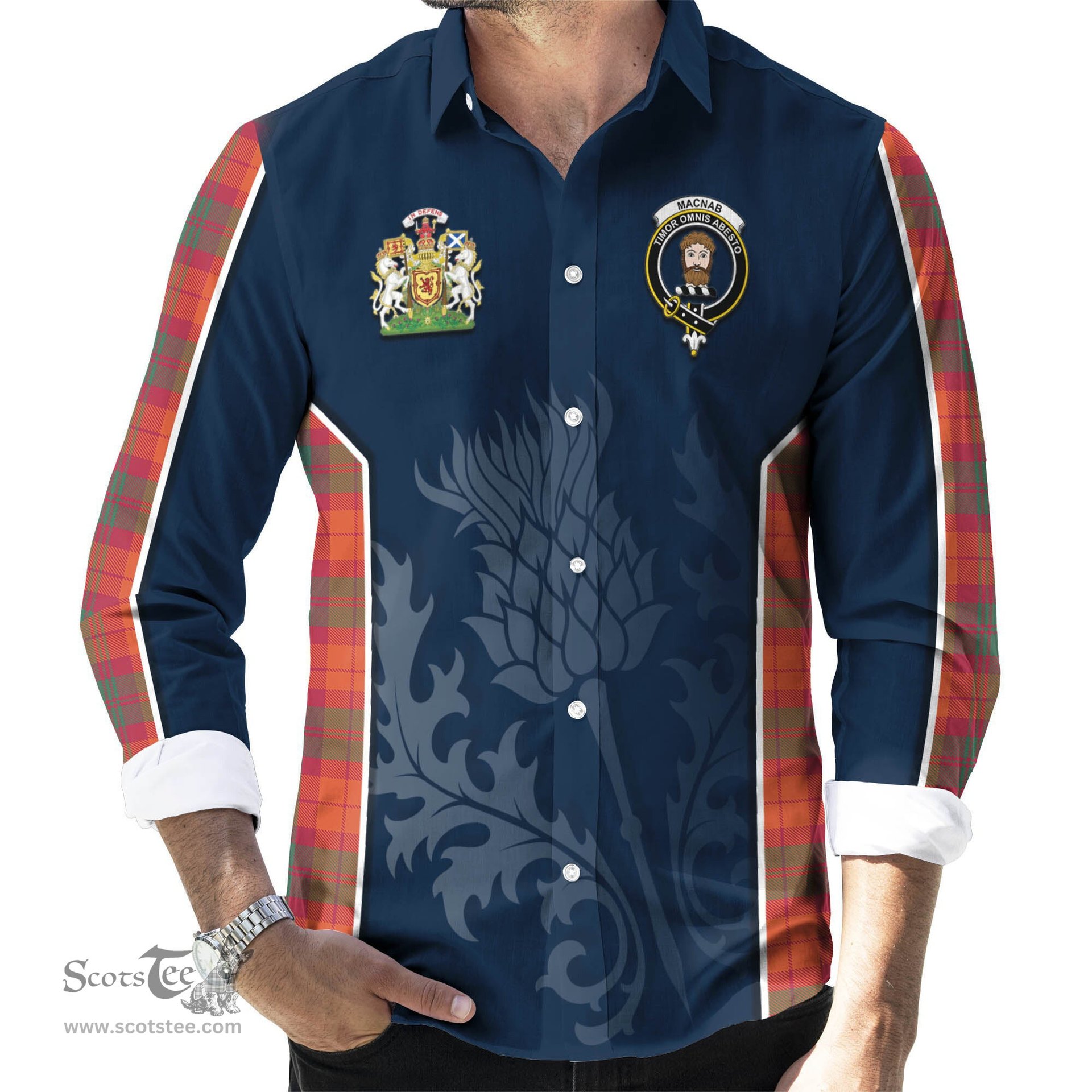 ScotsTee Shop Scottish MacNab Ancient Clan Scottish Crest and Scottish Thistle Sport Tartan Long Sleeve Shirt