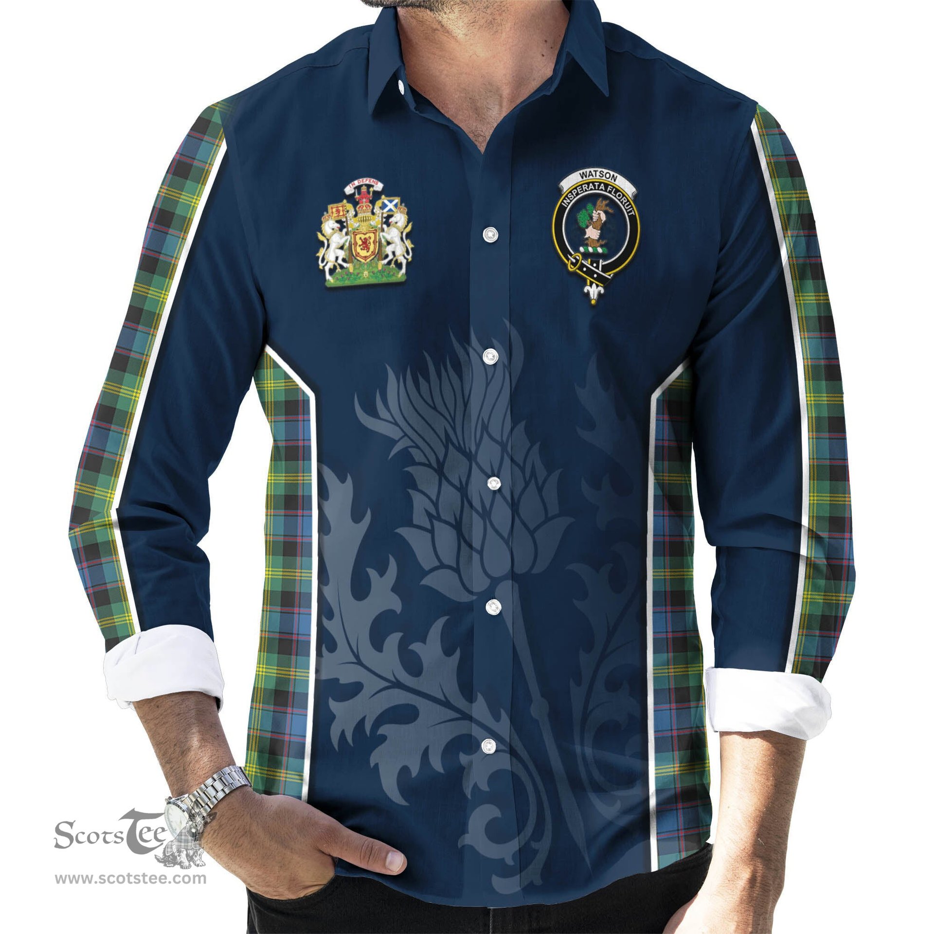 ScotsTee Shop Scottish Watson Ancient Clan Scottish Crest and Scottish Thistle Sport Tartan Long Sleeve Shirt