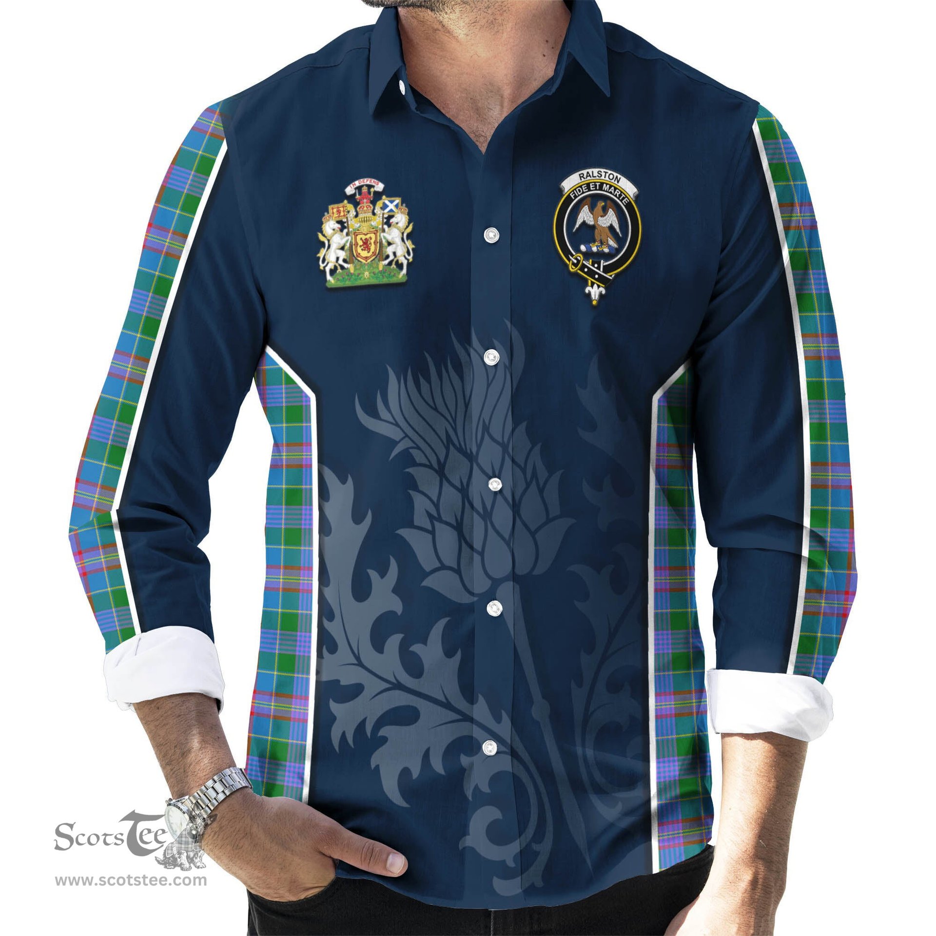 ScotsTee Shop Scottish Ralston Clan Scottish Crest and Scottish Thistle Sport Tartan Long Sleeve Shirt