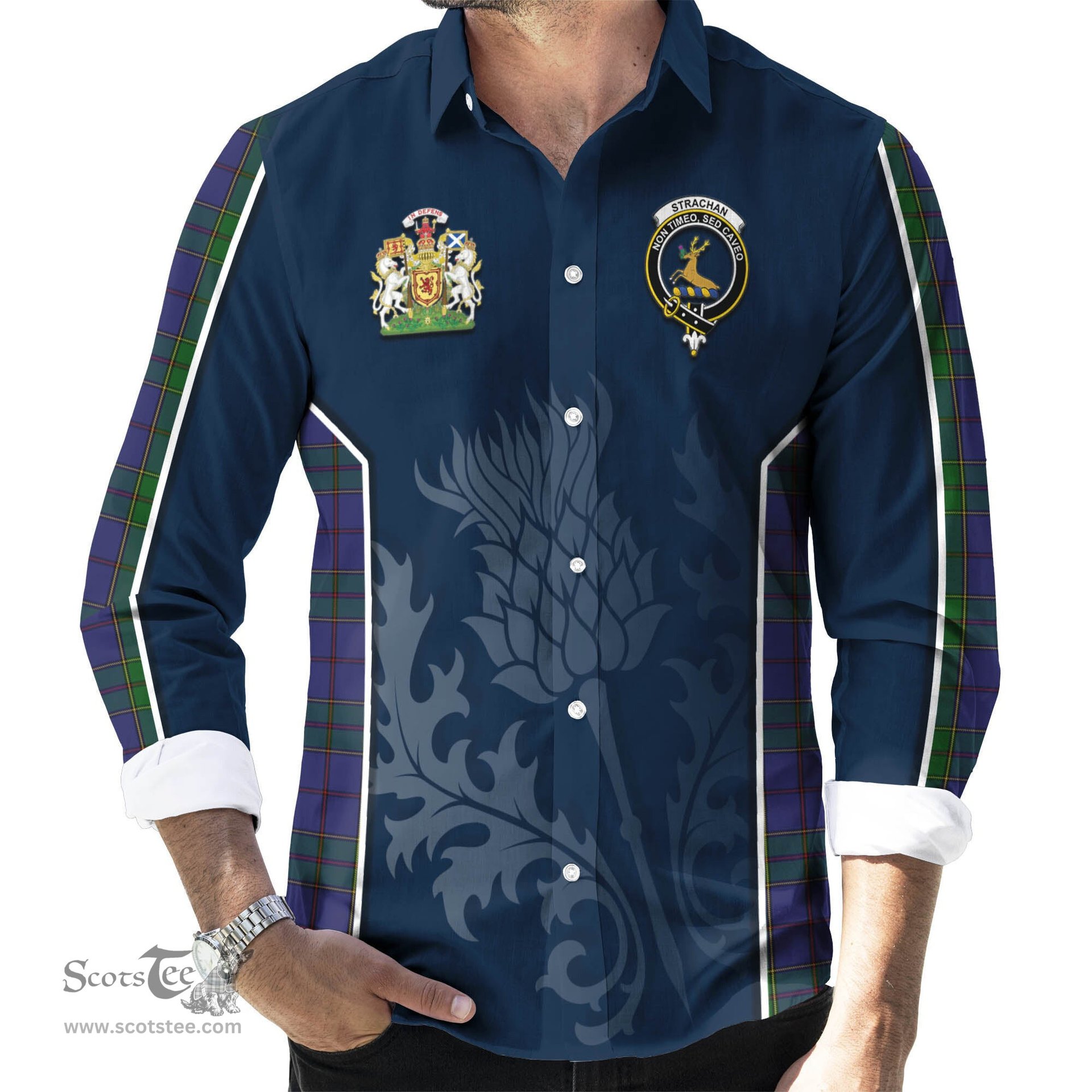 ScotsTee Shop Scottish Strachan Clan Scottish Crest and Scottish Thistle Sport Tartan Long Sleeve Shirt