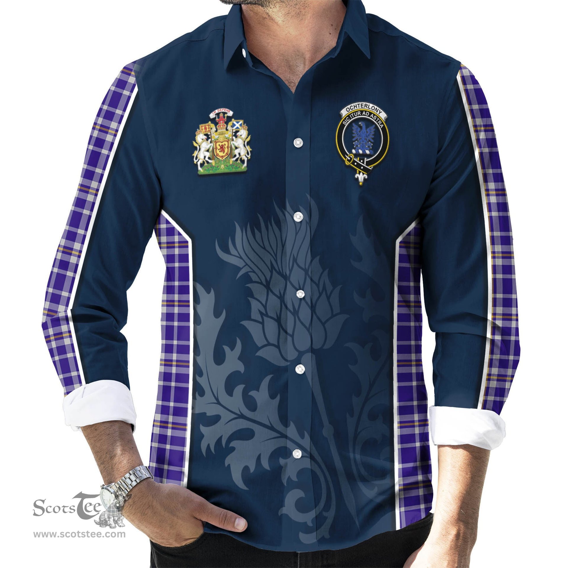 ScotsTee Shop Scottish Ochterlony Clan Scottish Crest and Scottish Thistle Sport Tartan Long Sleeve Shirt