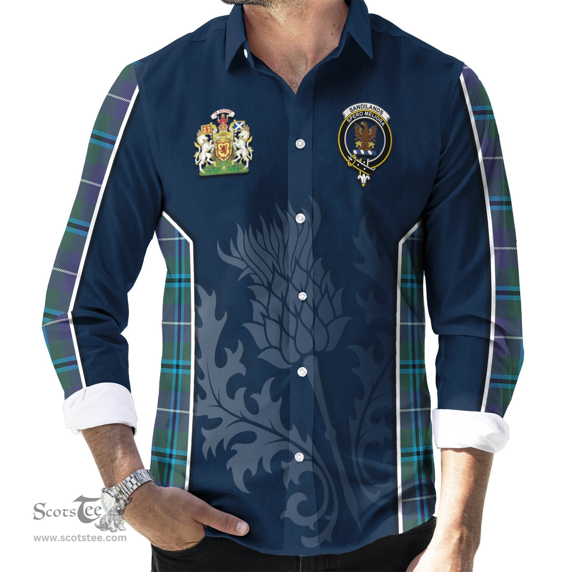 ScotsTee Shop Scottish Sandilands Clan Scottish Crest and Scottish Thistle Sport Tartan Long Sleeve Shirt