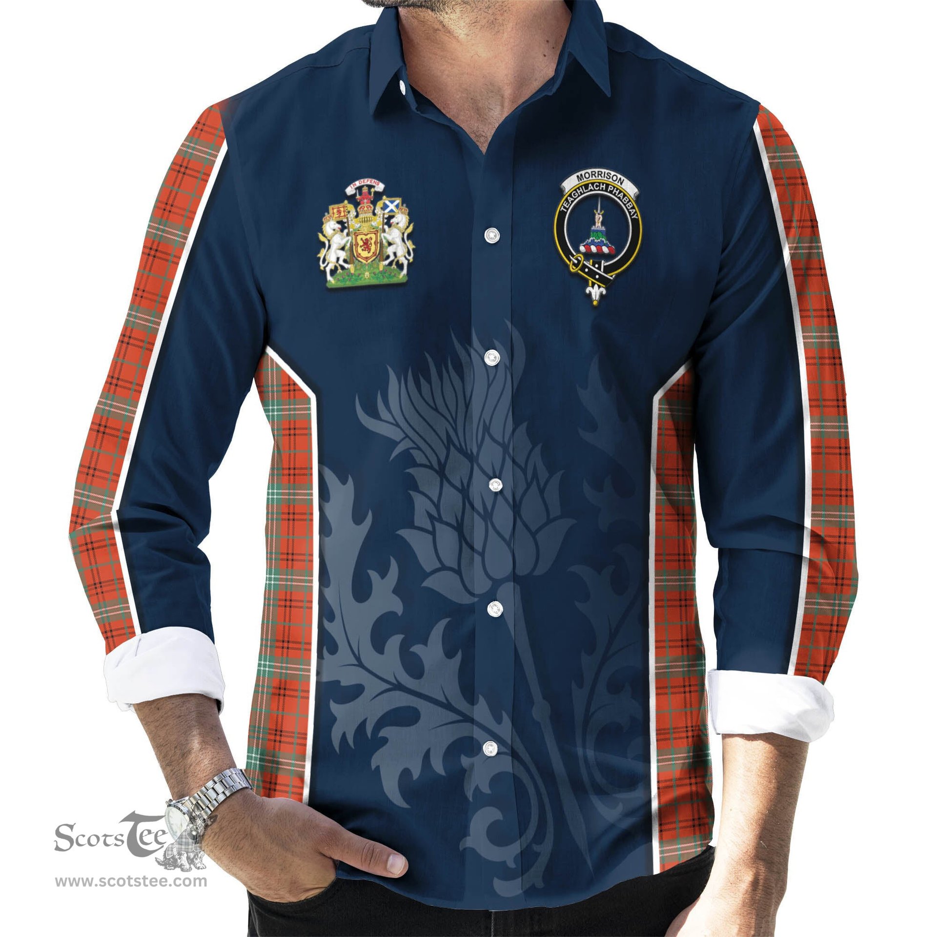 ScotsTee Shop Scottish Morrison Red Ancient Clan Scottish Crest and Scottish Thistle Sport Tartan Long Sleeve Shirt