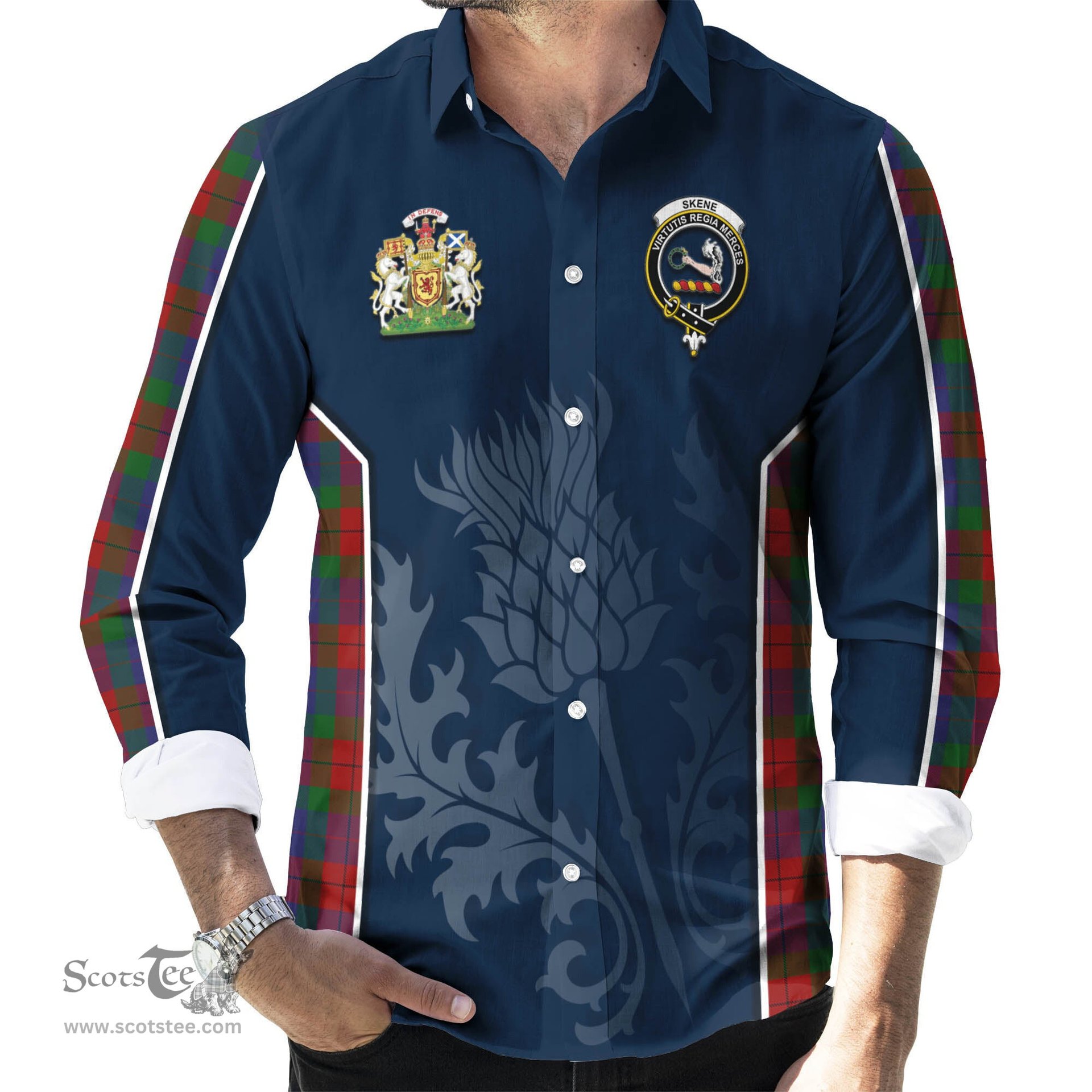 ScotsTee Shop Scottish Skene of Cromar Clan Scottish Crest and Scottish Thistle Sport Tartan Long Sleeve Shirt