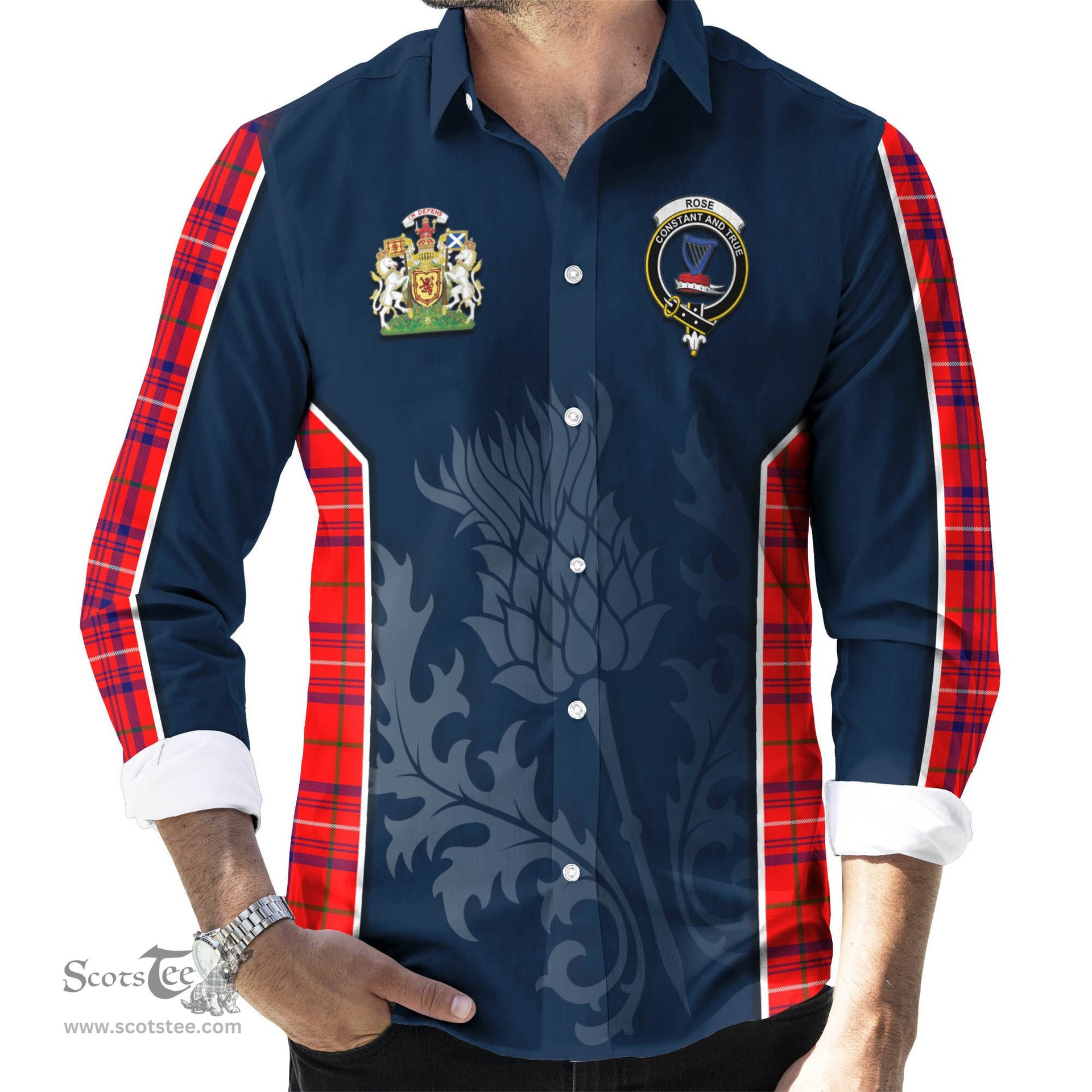 ScotsTee Shop Scottish Rose Modern Clan Scottish Crest and Scottish Thistle Sport Tartan Long Sleeve Shirt