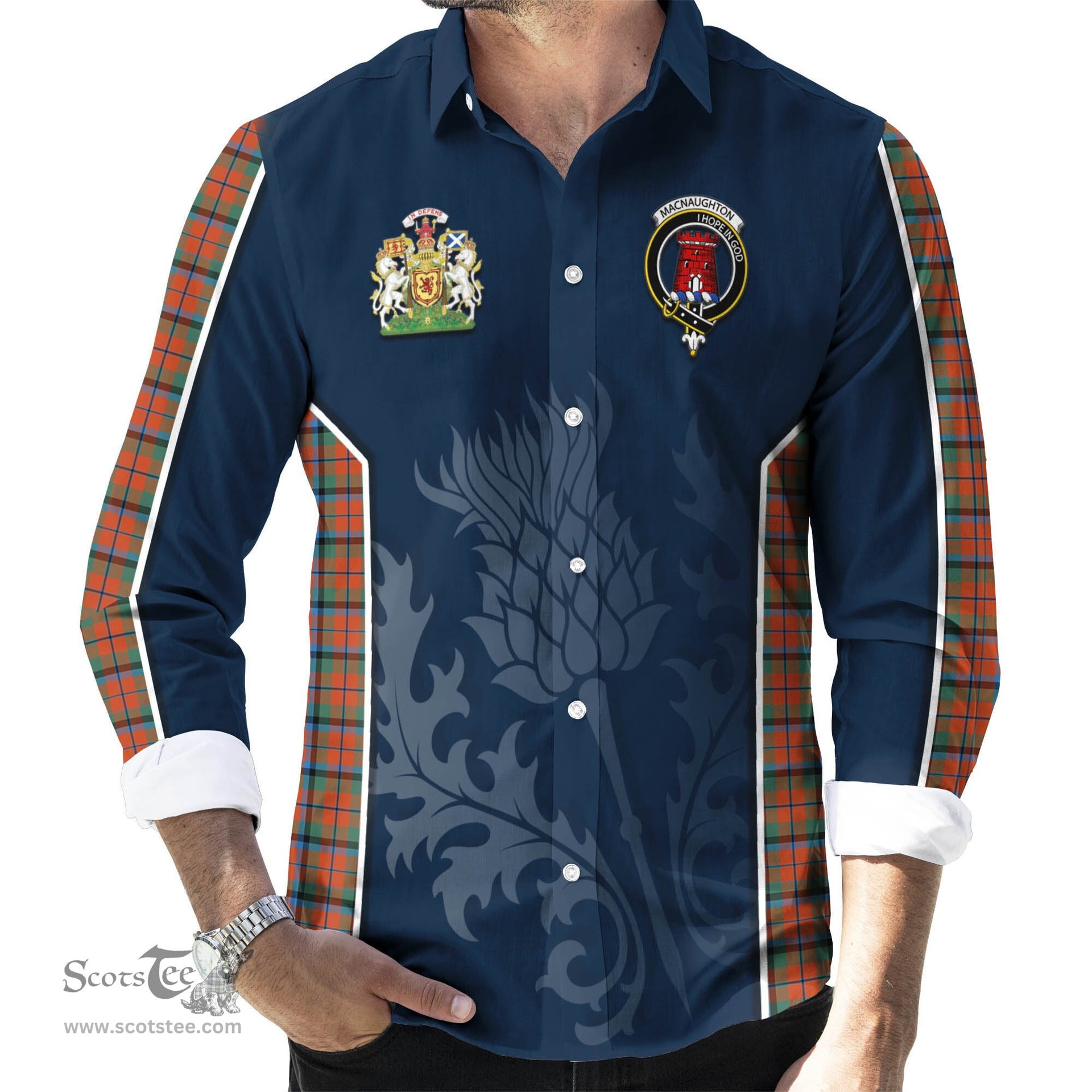 ScotsTee Shop Scottish MacNaughton Ancient Clan Scottish Crest and Scottish Thistle Sport Tartan Long Sleeve Shirt