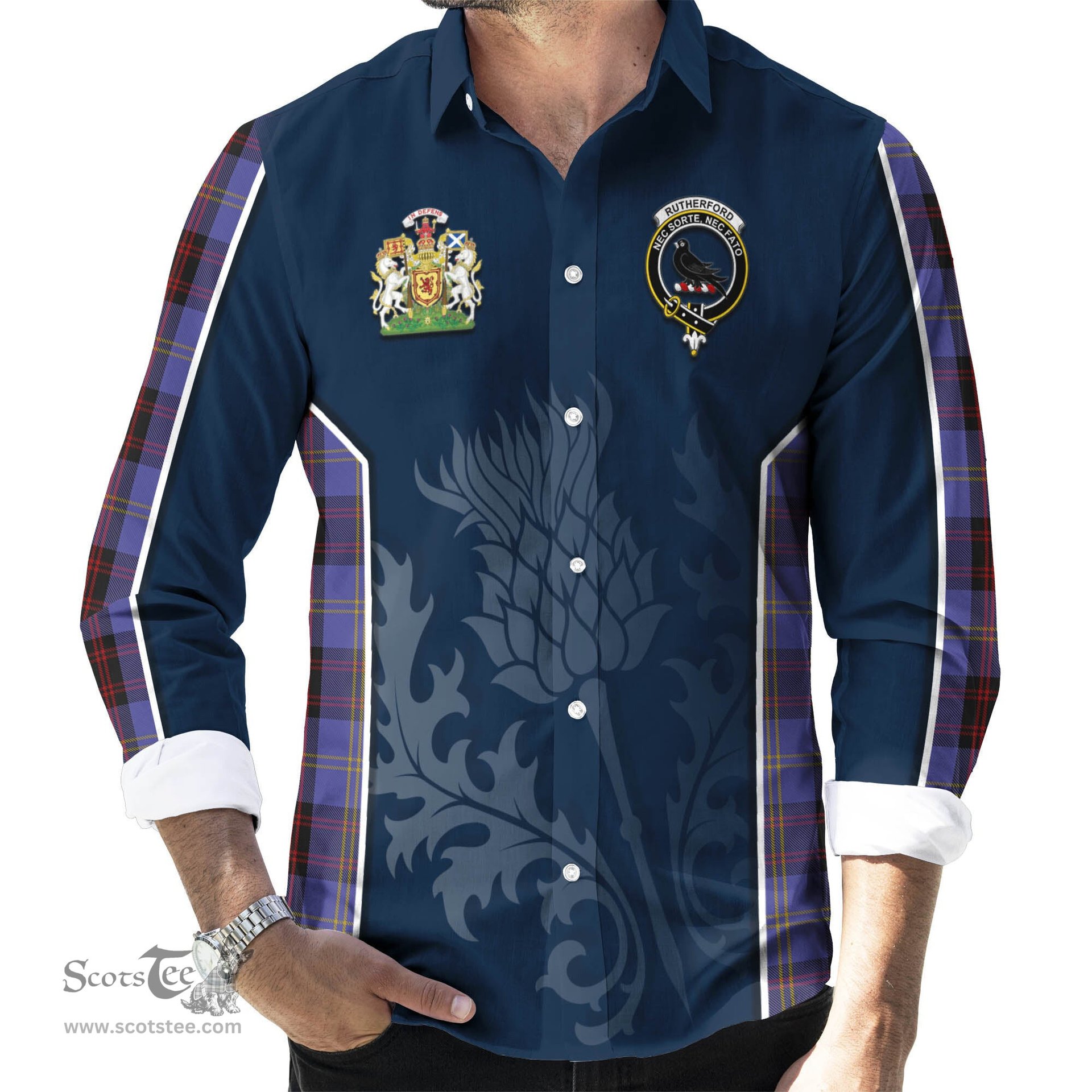 ScotsTee Shop Scottish Rutherford Clan Scottish Crest and Scottish Thistle Sport Tartan Long Sleeve Shirt