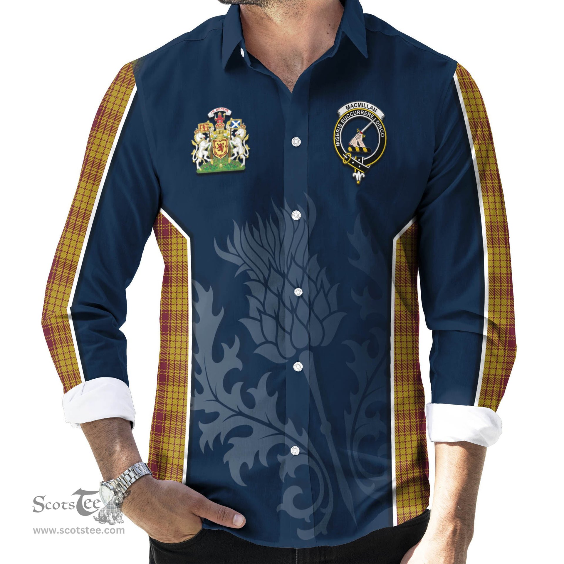 ScotsTee Shop Scottish MacMillan Dress Clan Scottish Crest and Scottish Thistle Sport Tartan Long Sleeve Shirt