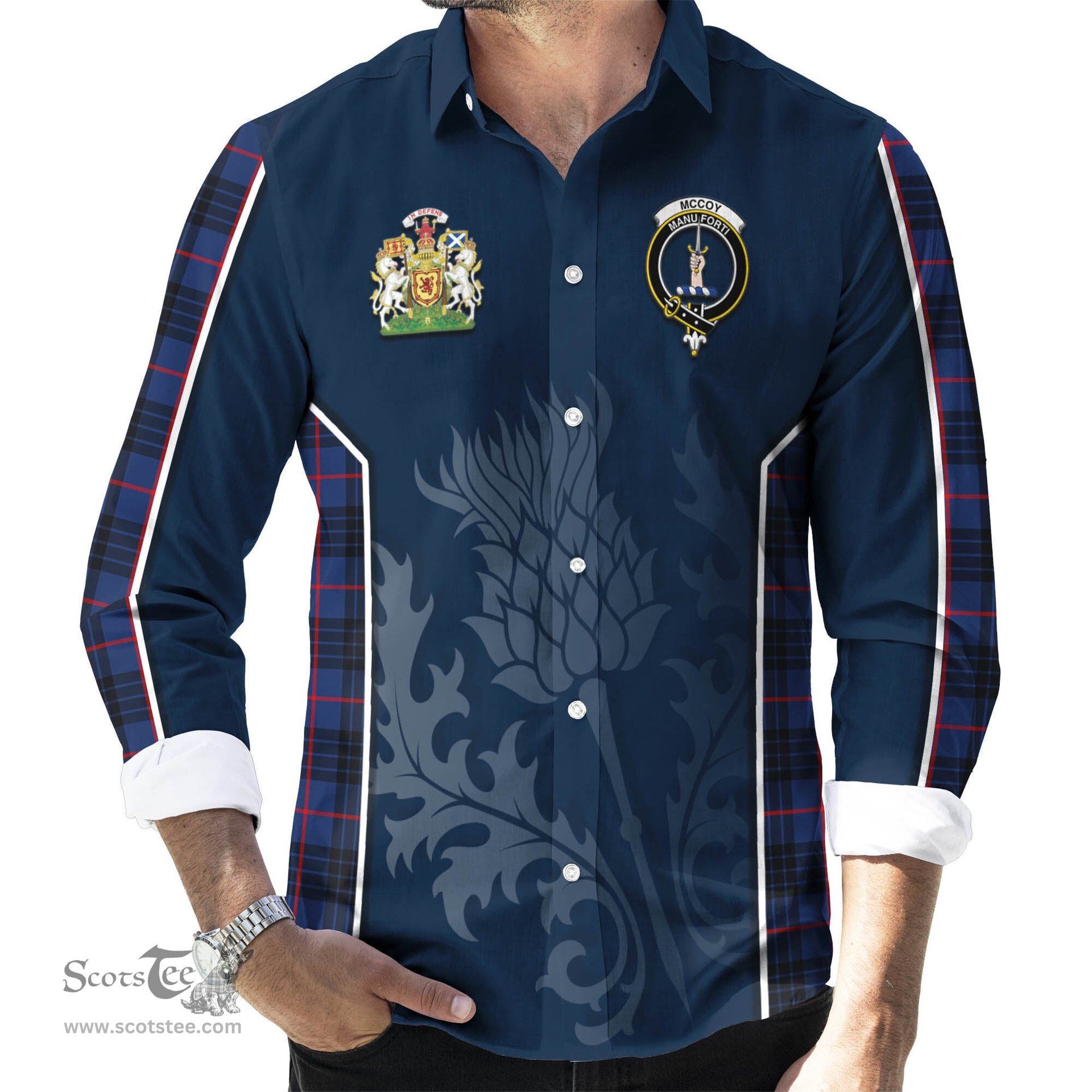 ScotsTee Shop Scottish McCoy Blue Clan Scottish Crest and Scottish Thistle Sport Tartan Long Sleeve Shirt