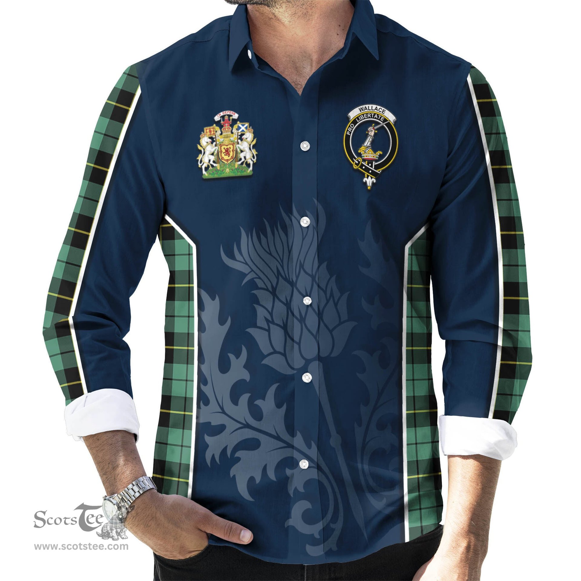 ScotsTee Shop Scottish Wallace Hunting Ancient Clan Scottish Crest and Scottish Thistle Sport Tartan Long Sleeve Shirt