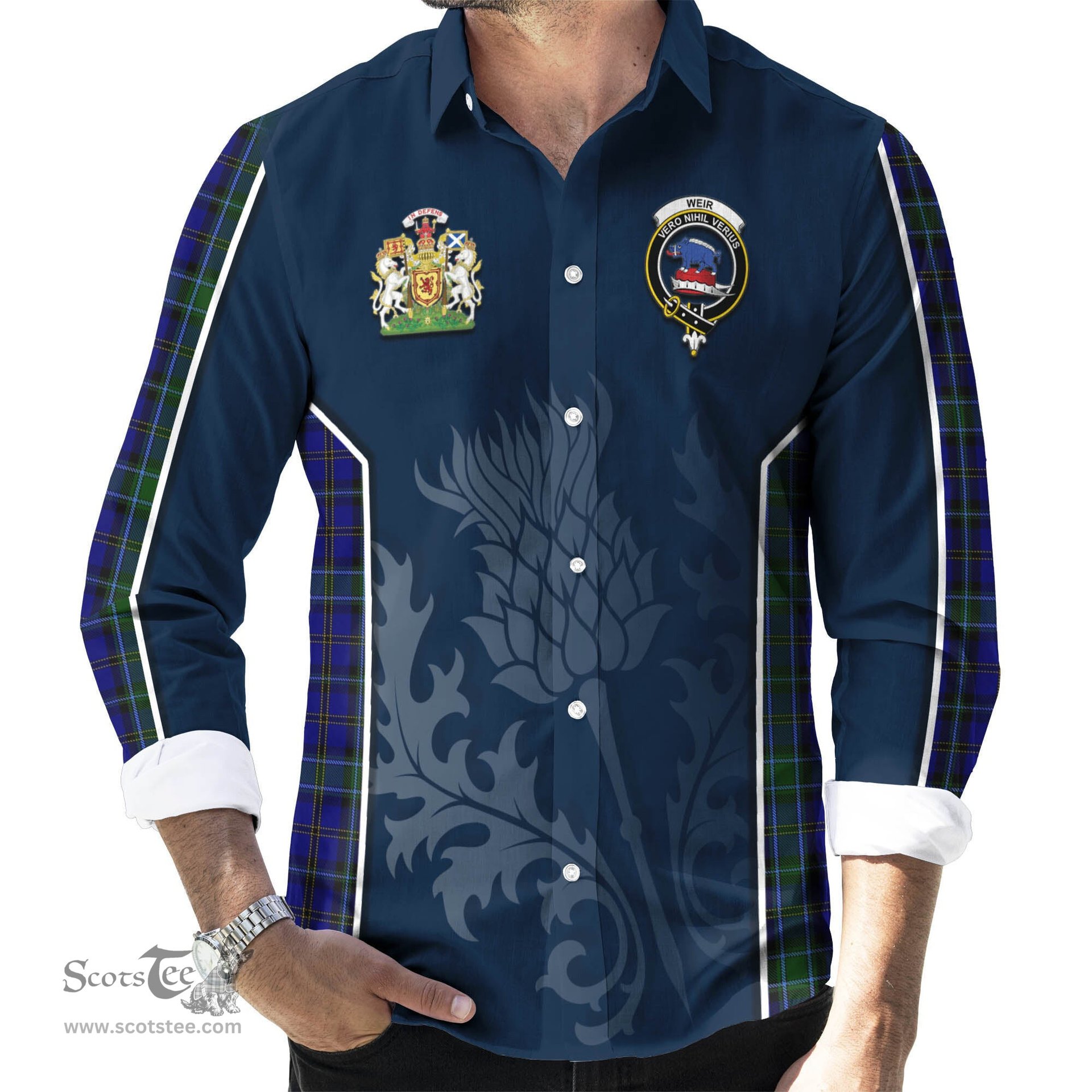 ScotsTee Shop Scottish Weir Clan Scottish Crest and Scottish Thistle Sport Tartan Long Sleeve Shirt