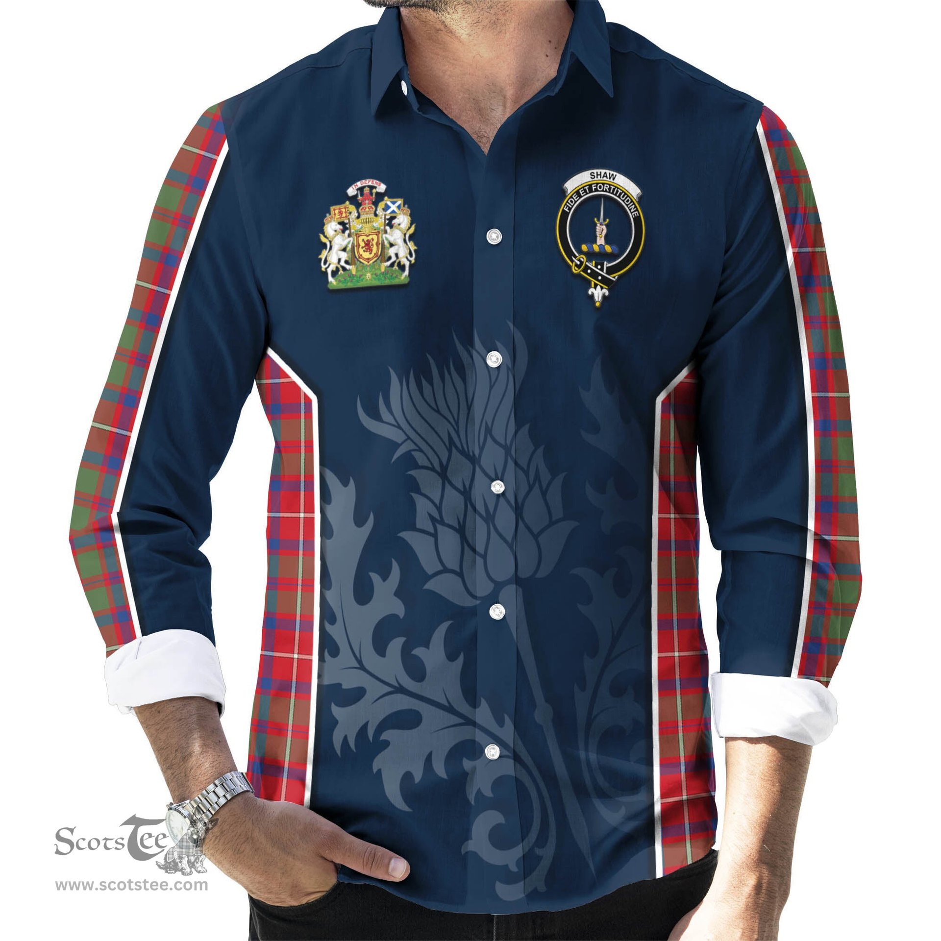 ScotsTee Shop Scottish Shaw Red Modern Clan Scottish Crest and Scottish Thistle Sport Tartan Long Sleeve Shirt