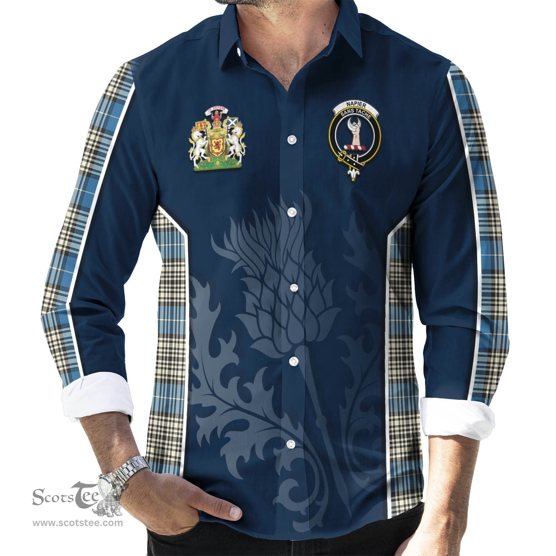ScotsTee Shop Scottish Napier Ancient Clan Scottish Crest and Scottish Thistle Sport Tartan Long Sleeve Shirt