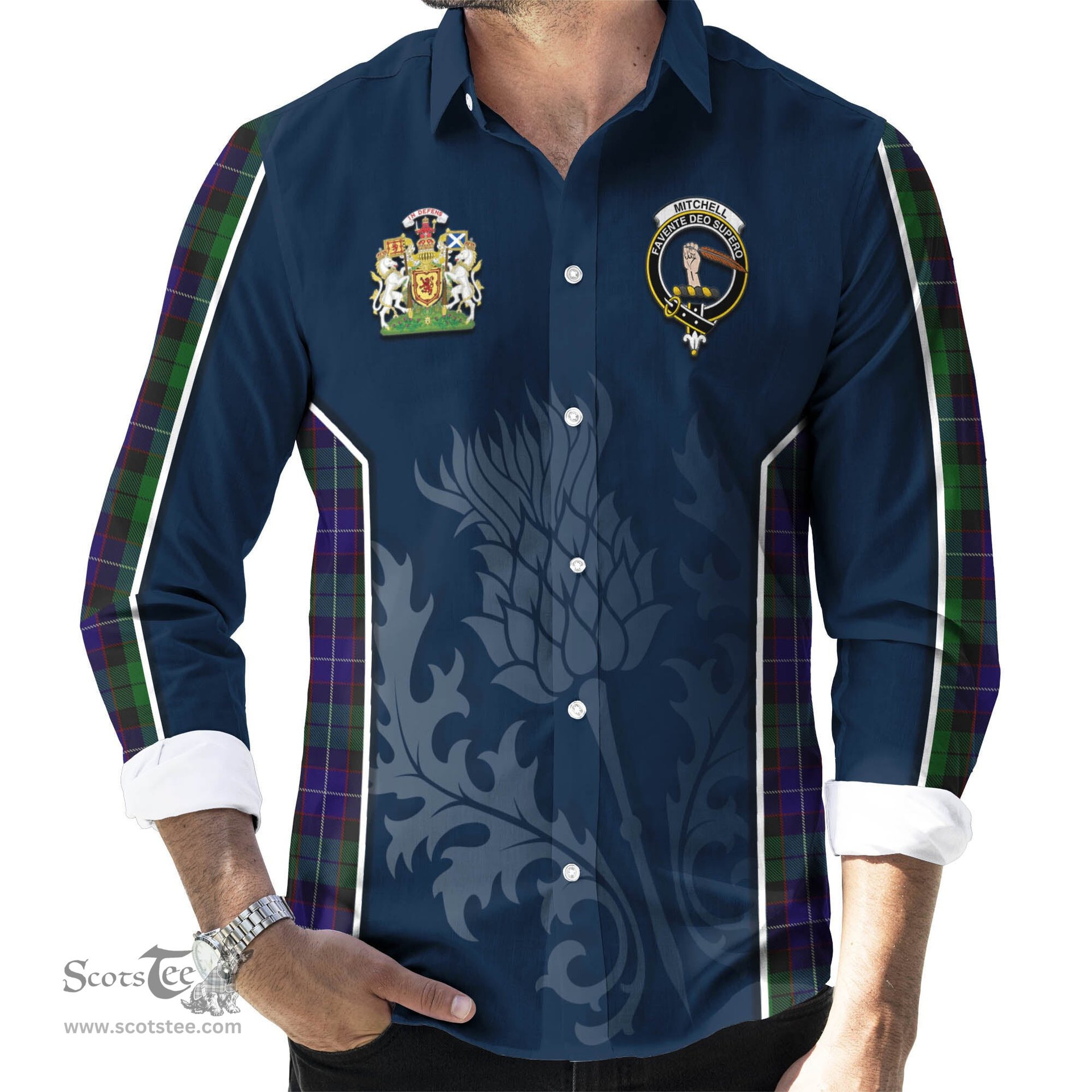 ScotsTee Shop Scottish Mitchell Clan Scottish Crest and Scottish Thistle Sport Tartan Long Sleeve Shirt