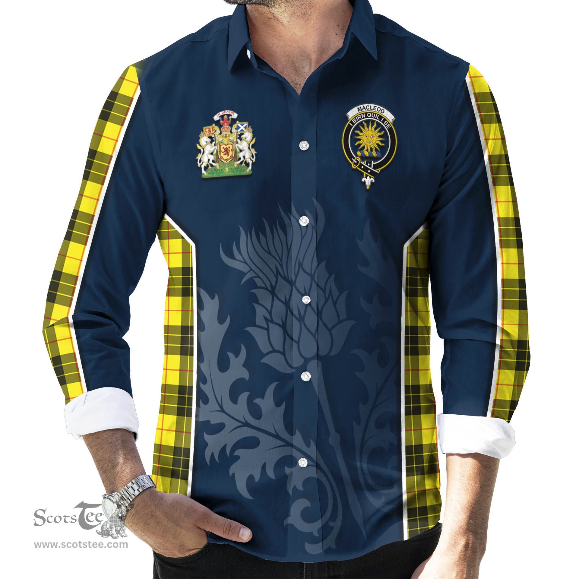 ScotsTee Shop Scottish MacLeod of Lewis Modern Clan Scottish Crest and Scottish Thistle Sport Tartan Long Sleeve Shirt