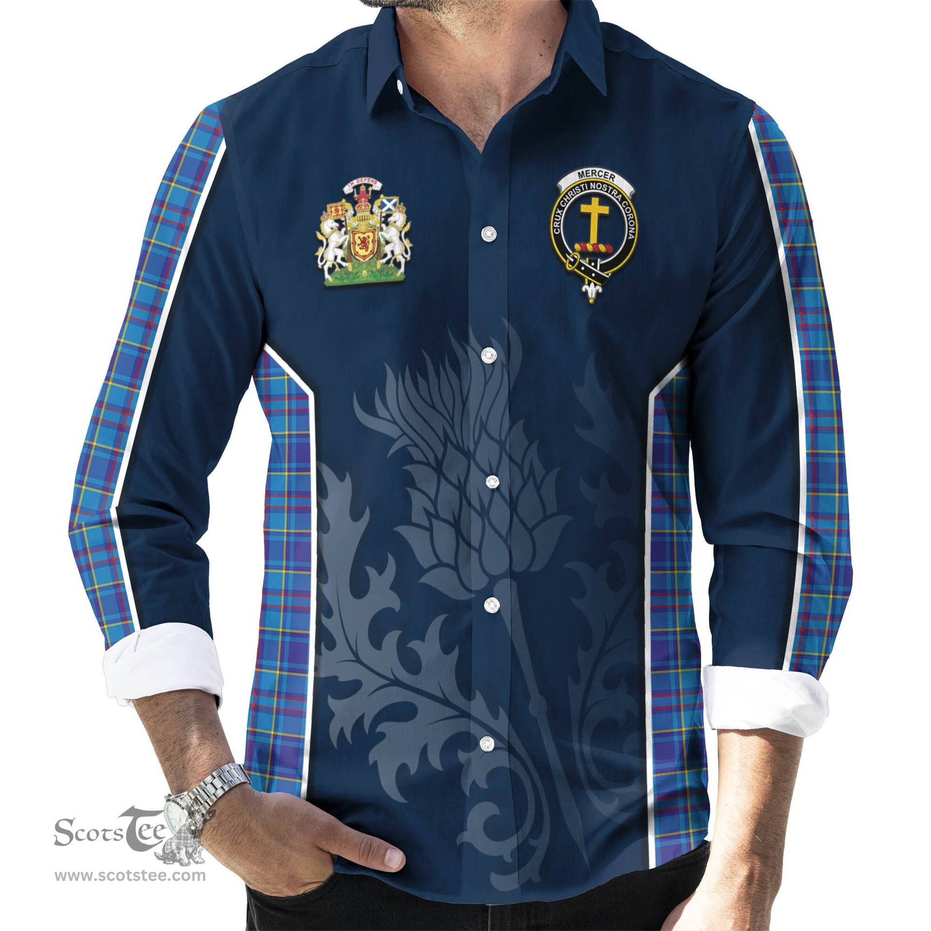 ScotsTee Shop Scottish Mercer Modern Clan Scottish Crest and Scottish Thistle Sport Tartan Long Sleeve Shirt