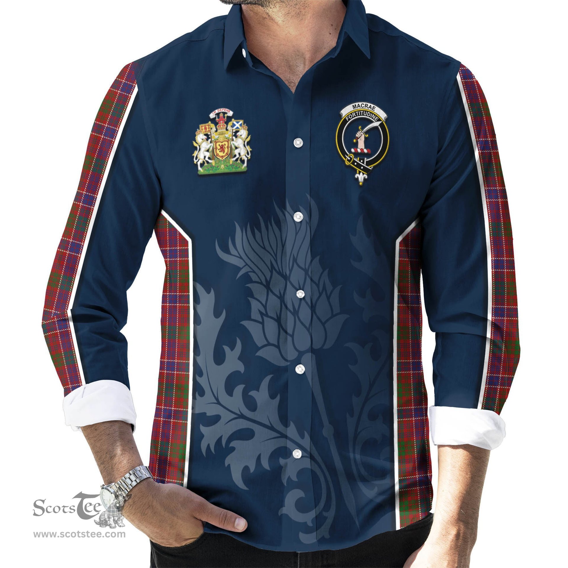 ScotsTee Shop Scottish MacRae Red Clan Scottish Crest and Scottish Thistle Sport Tartan Long Sleeve Shirt