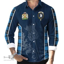 ScotsTee Shop Scottish Ramsay Blue Ancient Clan Scottish Crest and Scottish Thistle Sport Tartan Long Sleeve Shirt